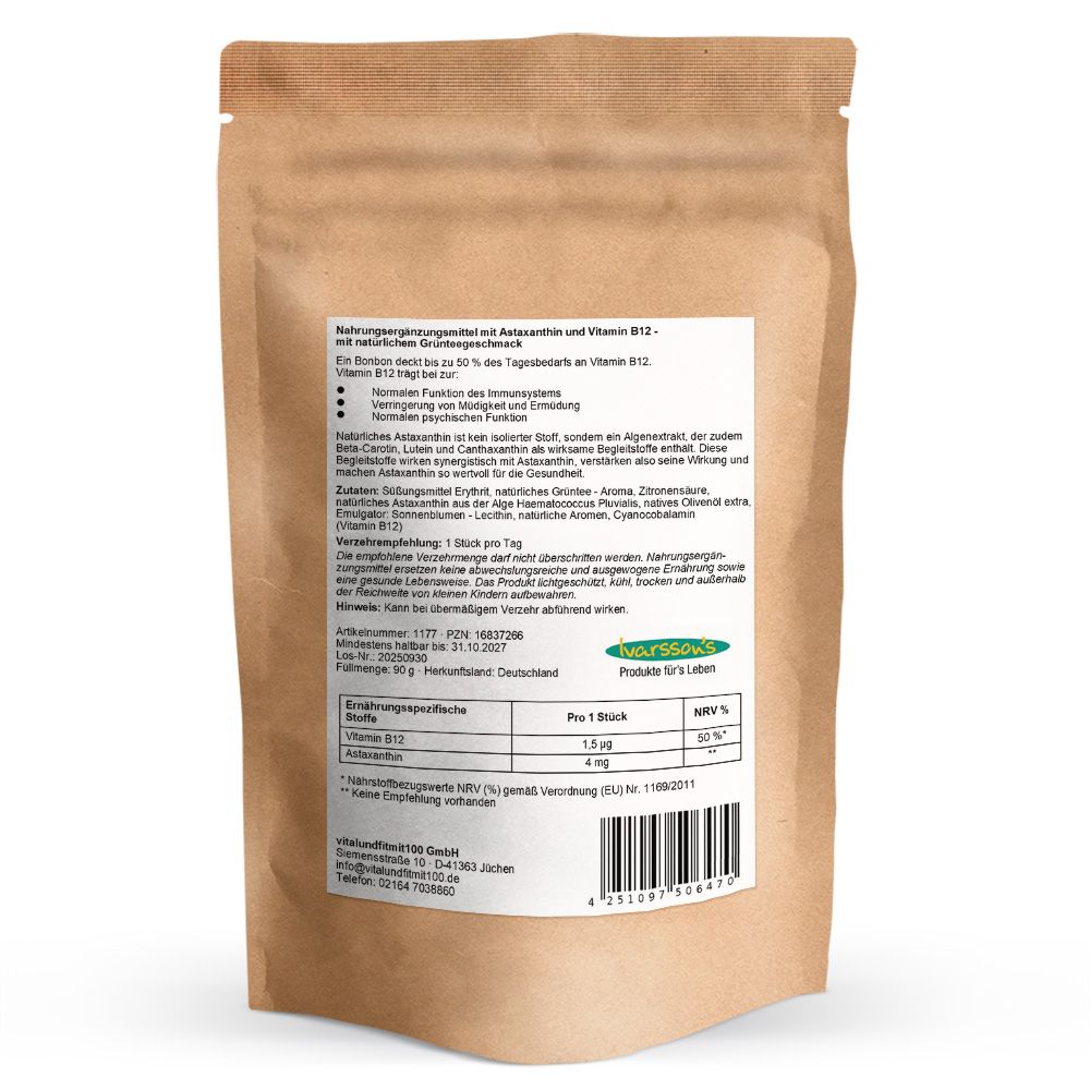 Rückseite einer braunen Tüte. Text: Nährwertangaben, Inhaltsstoffe, Herstellerinformationen, Barcode.