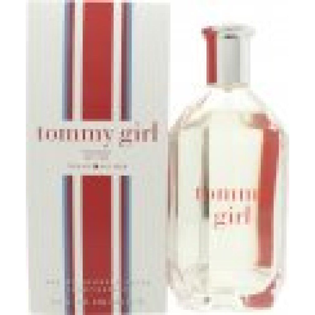 Glasflakon und Verpackung. Flakon mit silbernem Verschluss, roter Schriftzug 'tommy girl'. Verpackung rot-weiß gestreift.