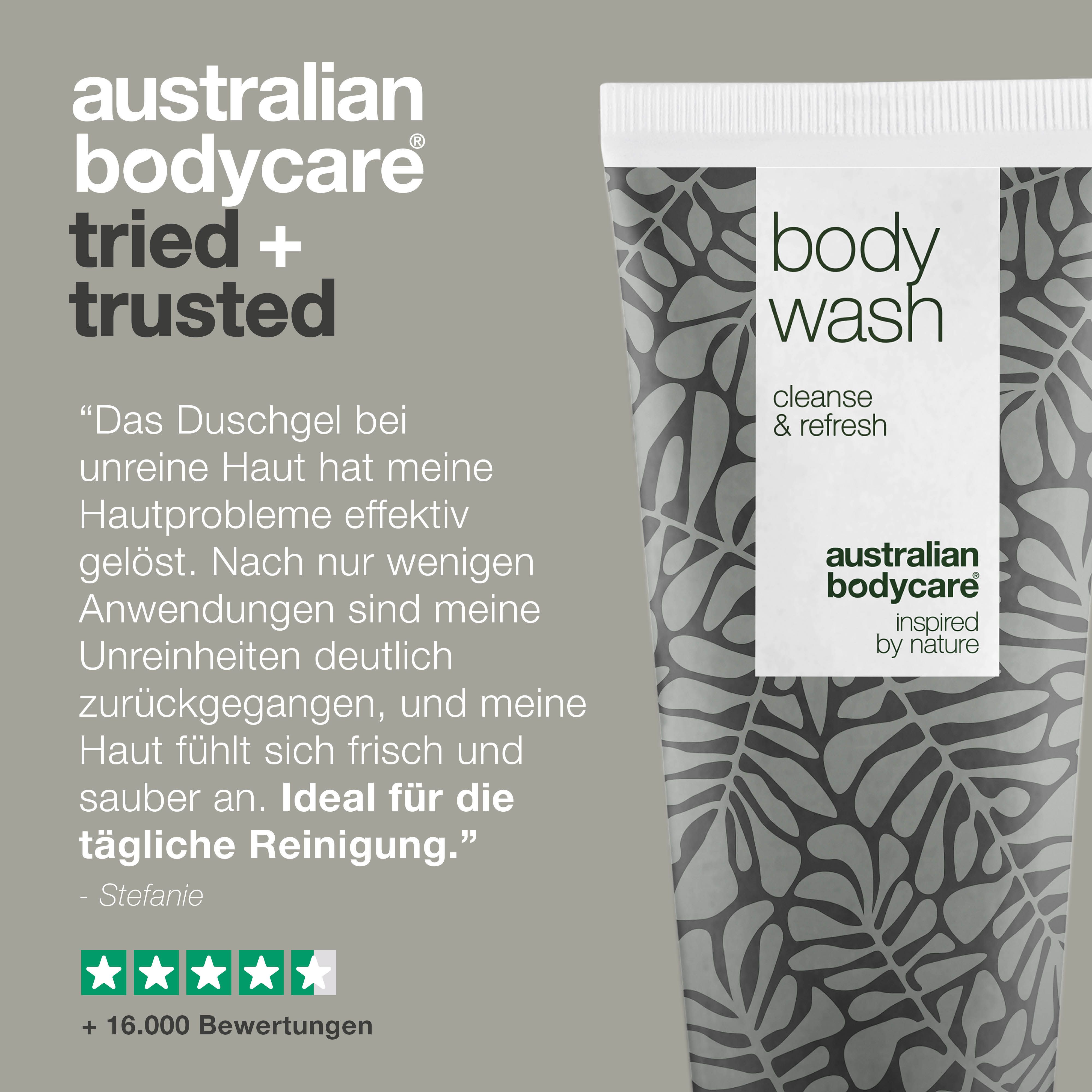Duschgel-Tube und Text. Aufschrift: Body Wash, cleanse & refresh. Marke: Australian Bodycare.