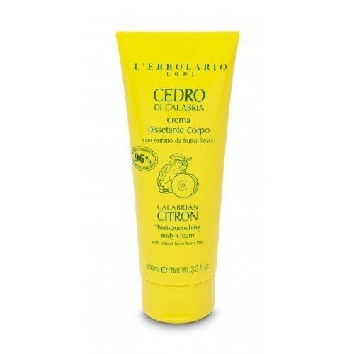 Gelbe Tube mit Produkttext. Aufschrift: CEDRO DI CALABRIA, CALABRIAN CITRON. Mit Frucht-Illustration und 96% Siegel.