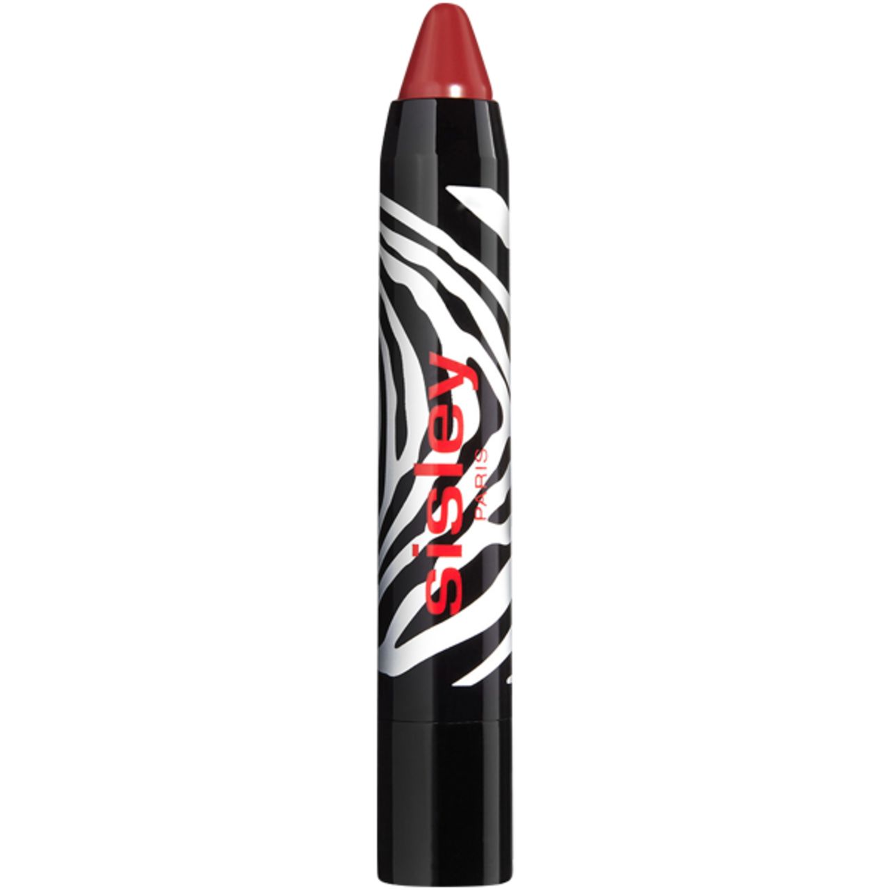 Roter Lippenstiftstift mit Zebra-Muster und roter Aufschrift Sisley. Spitze des Stifts sichtbar.