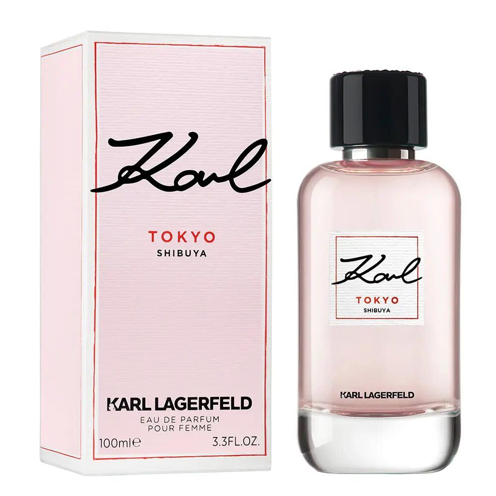 Karl Lagerfeld Kl Tokyo Femme Eau De Parfum Spray. Rosa Flakon mit schwarzem Deckel und rosa Verpackung. Schriftzug Karl, Tokyo, Shibuya.