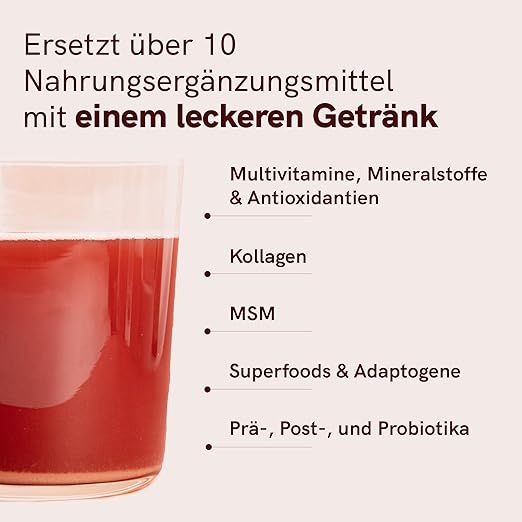Glas mit rotem Getränk. Text: Ersetzt über 10 Nahrungsergänzungsmittel mit einem leckeren Getränk. Enthält Multivitamine, Mineralstoffe, Kollagen, MSM, Superfoods.