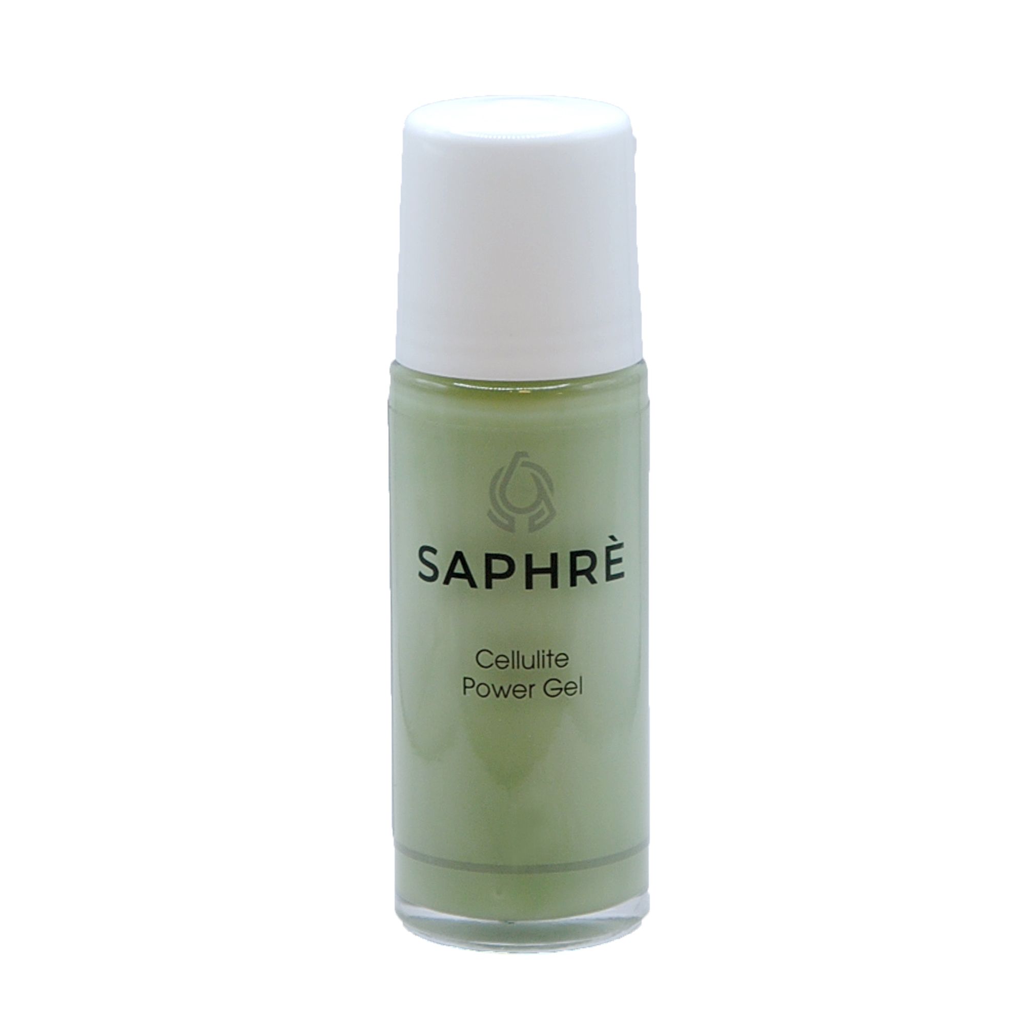 Grüne Gel-Flasche mit weißer Kappe. Aufschrift: Saphre Cellulite Power Gel.