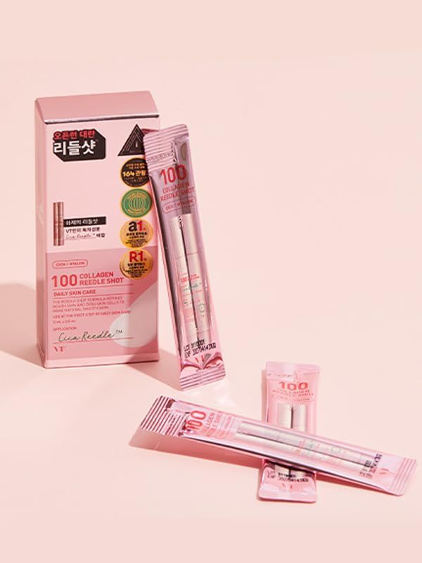 VT COSMETICS 100 Collagen Reedle Shot Tagespflege in rosa Verpackung mit Einzelampullen.