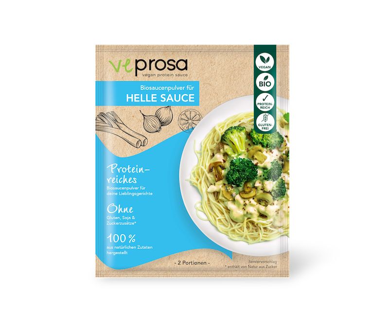 Verpackung VEPROSA Bio-Saucenpulver Helle Sauce. Vorderseite mit Produktabbildung, Zutaten und Logos. Vegan, Bio, glutenfrei.
