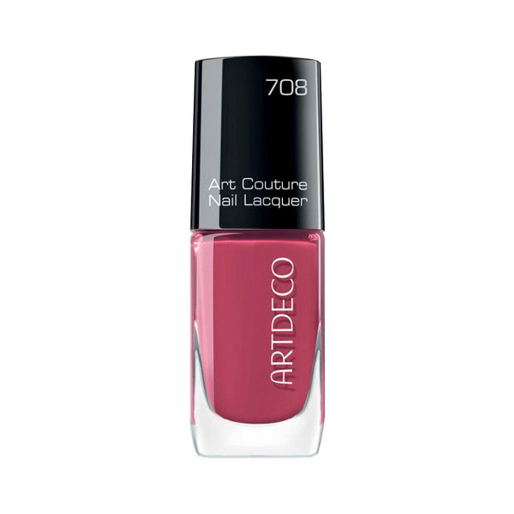 Artdeco Art Couture Nagellack. Flasche mit schwarzem Deckel, rosa Lack. Aufschrift: 708, Art Couture Nail Lacquer. Quadratische Form.