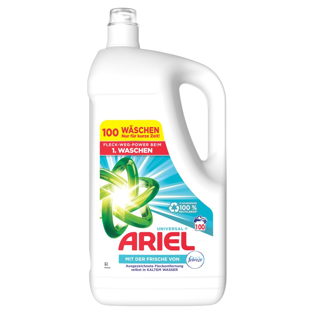 Weiße Flasche Ariel Flüssig mit grünem Logo und gelbem Aufkleber. Text: 100 Wäschen, Fleck-weg-Power beim 1. Waschen, Universal + Ariel, Febreze.