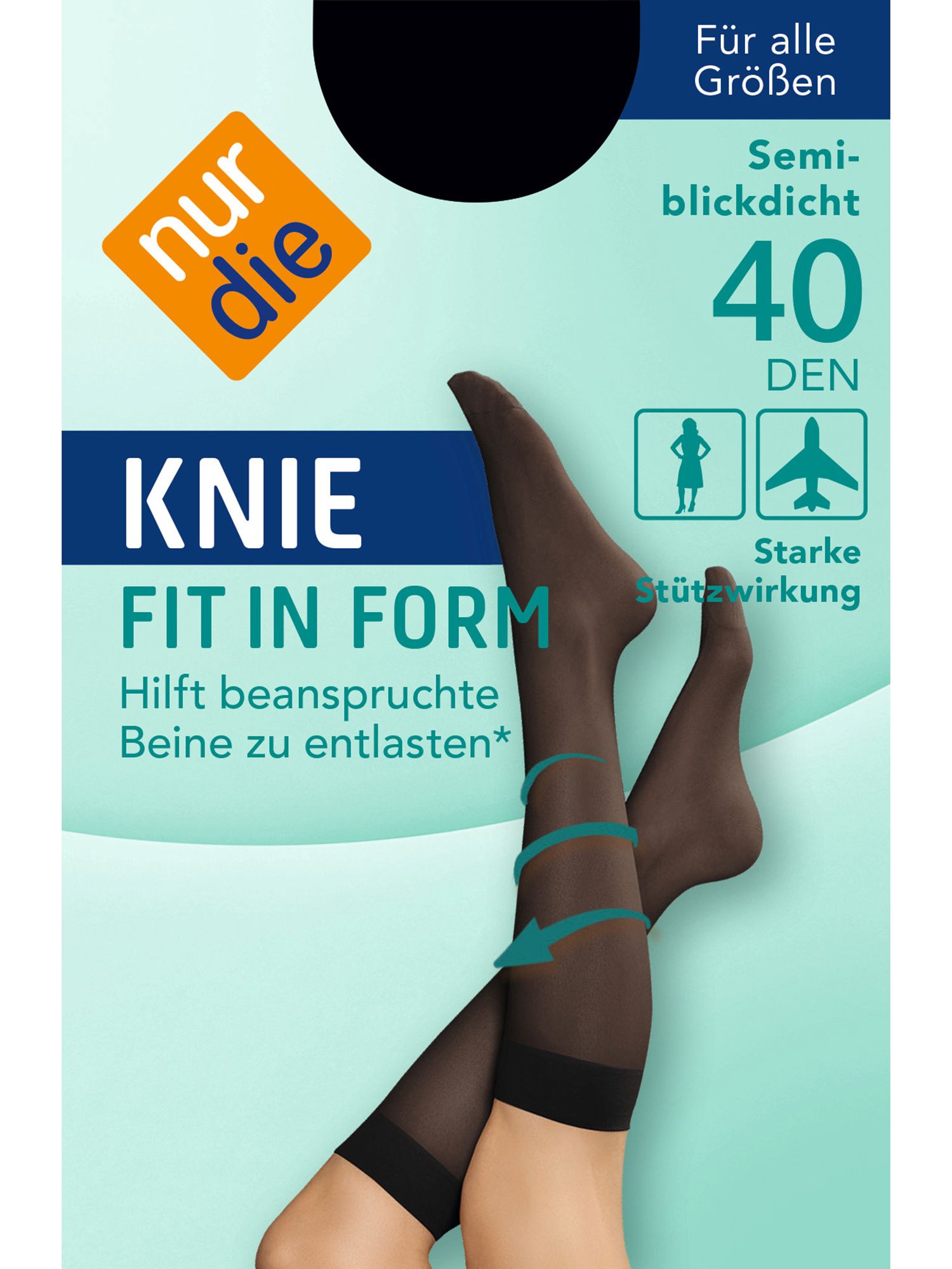 Kniestrümpfe, schwarz, mit der Aufschrift "KNIE FIT IN FORM". Text: "Hilft beanspruchte Beine zu entlasten".