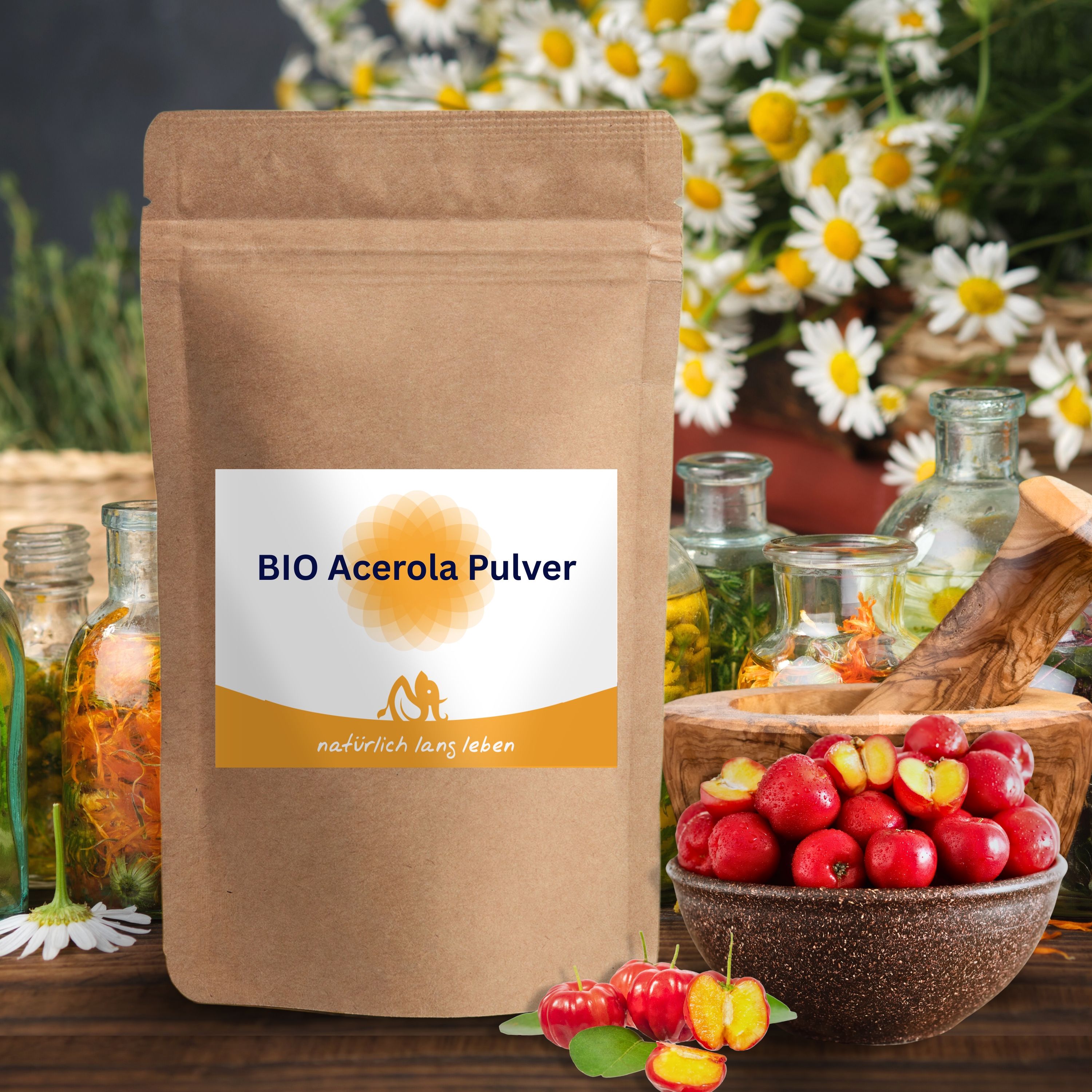 Beutel BIO Acerola Pulver, umgeben von Acerola-Kirschen in einer Schale und Kräutern. Braune Papierverpackung.