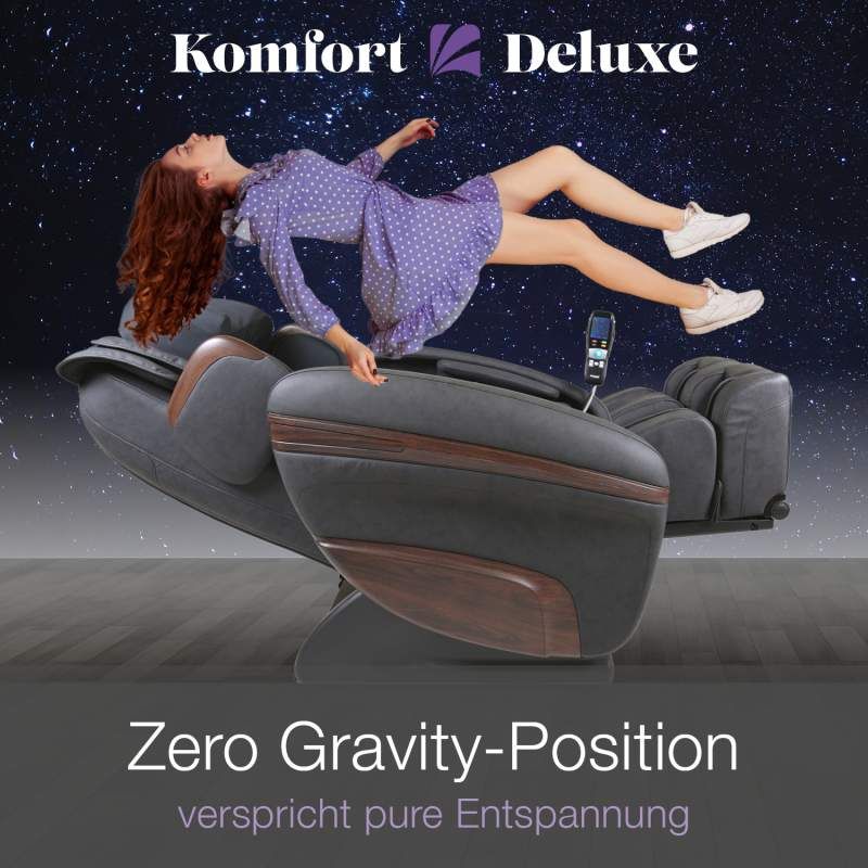 Massagesessel in Zero-Gravity-Position. Frau schwebt im Weltraum. Text: Zero Gravity-Position verspricht pure Entspannung.