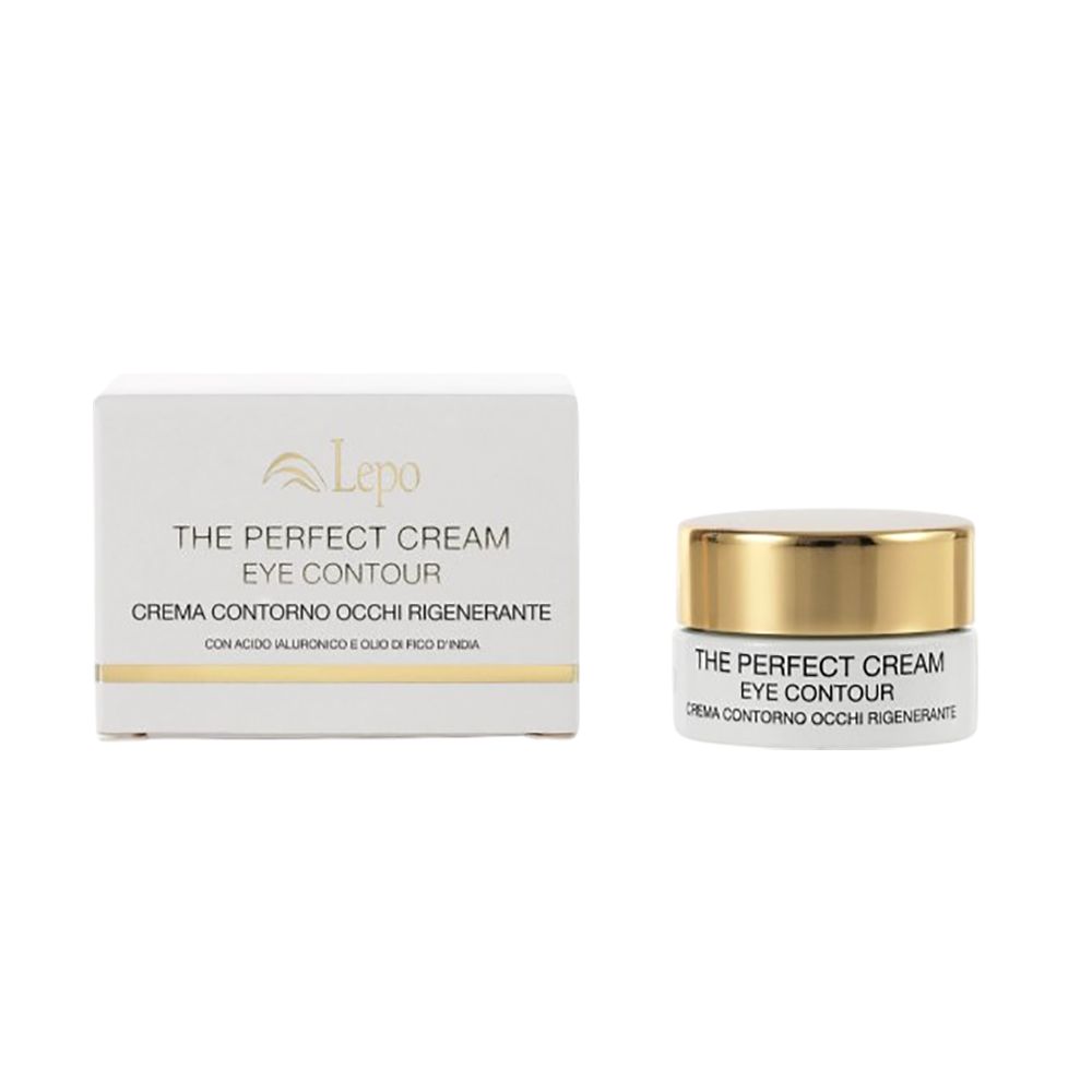 Confezione e vasetto bianchi. Scritta: THE PERFECT CREAM EYE CONTOUR. Coperchio dorato. Nome del prodotto e marchio Lepo.