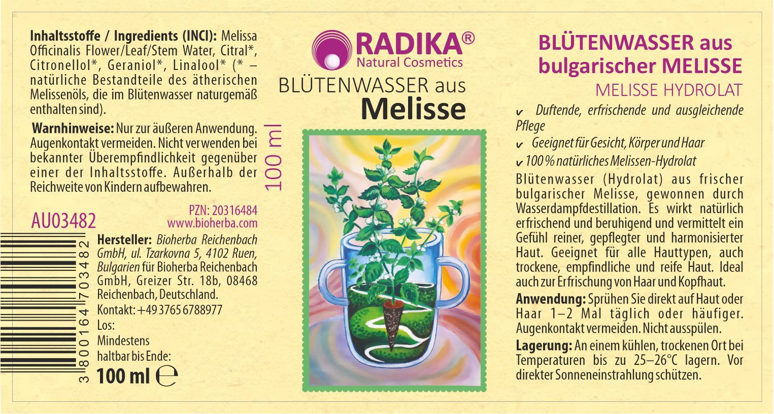 Etikett mit Produktinformationen. Text: Blütenwasser aus bulgarischer Melisse, 100 ml. Logo: Radika Natural Cosmetics. Abbildung: Melisse-Pflanze.