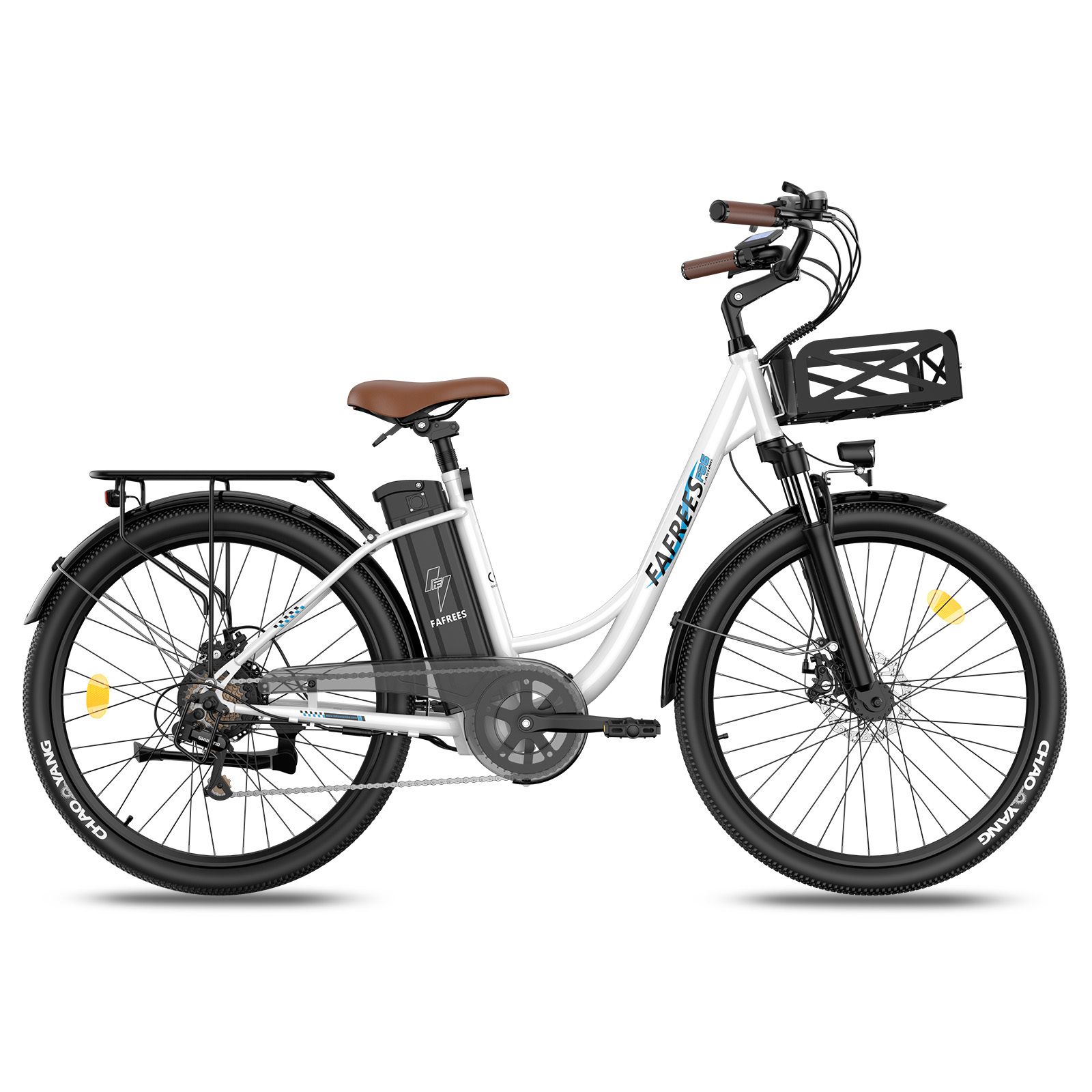 Fafrees F26 E-Bike, weiß, mit Korb. Schwarze Reifen, brauner Sattel und Lenkergriffe. Akku am Rahmen. Gepäckträger.