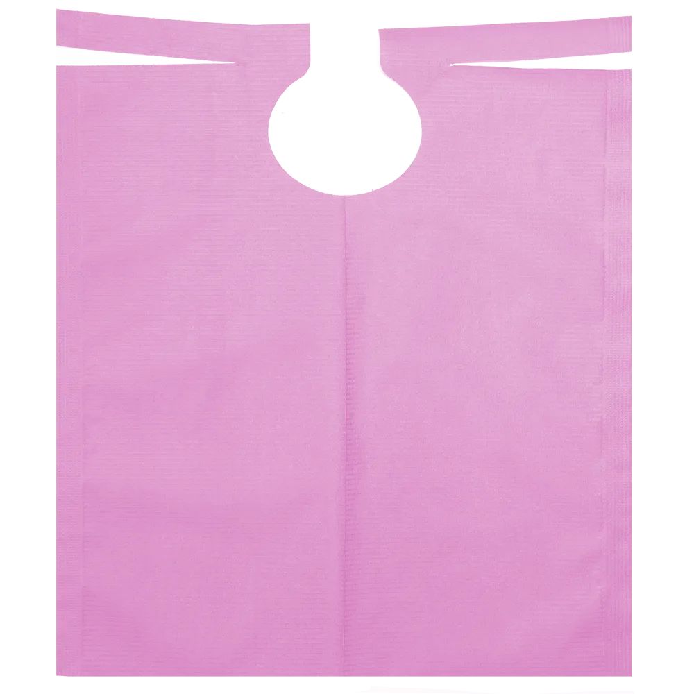 Rosa Patientenumhang mit Halsöffnung und Bändern. Aus nicht gewebtem Material.