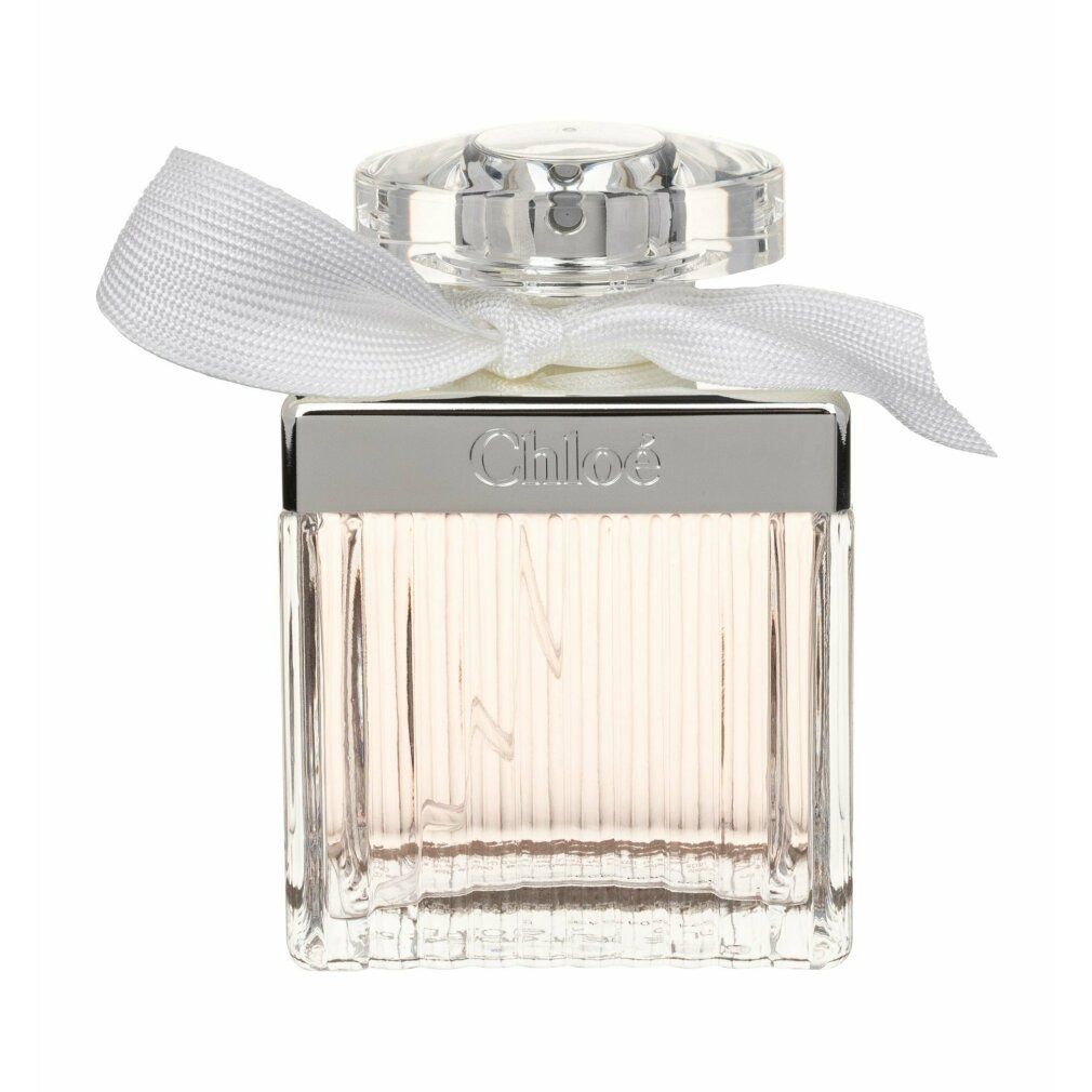 Chloé Eau de Toilette 2015 Flakon. Quadratische Form, Glas, silberner Verschluss, weißes Band.