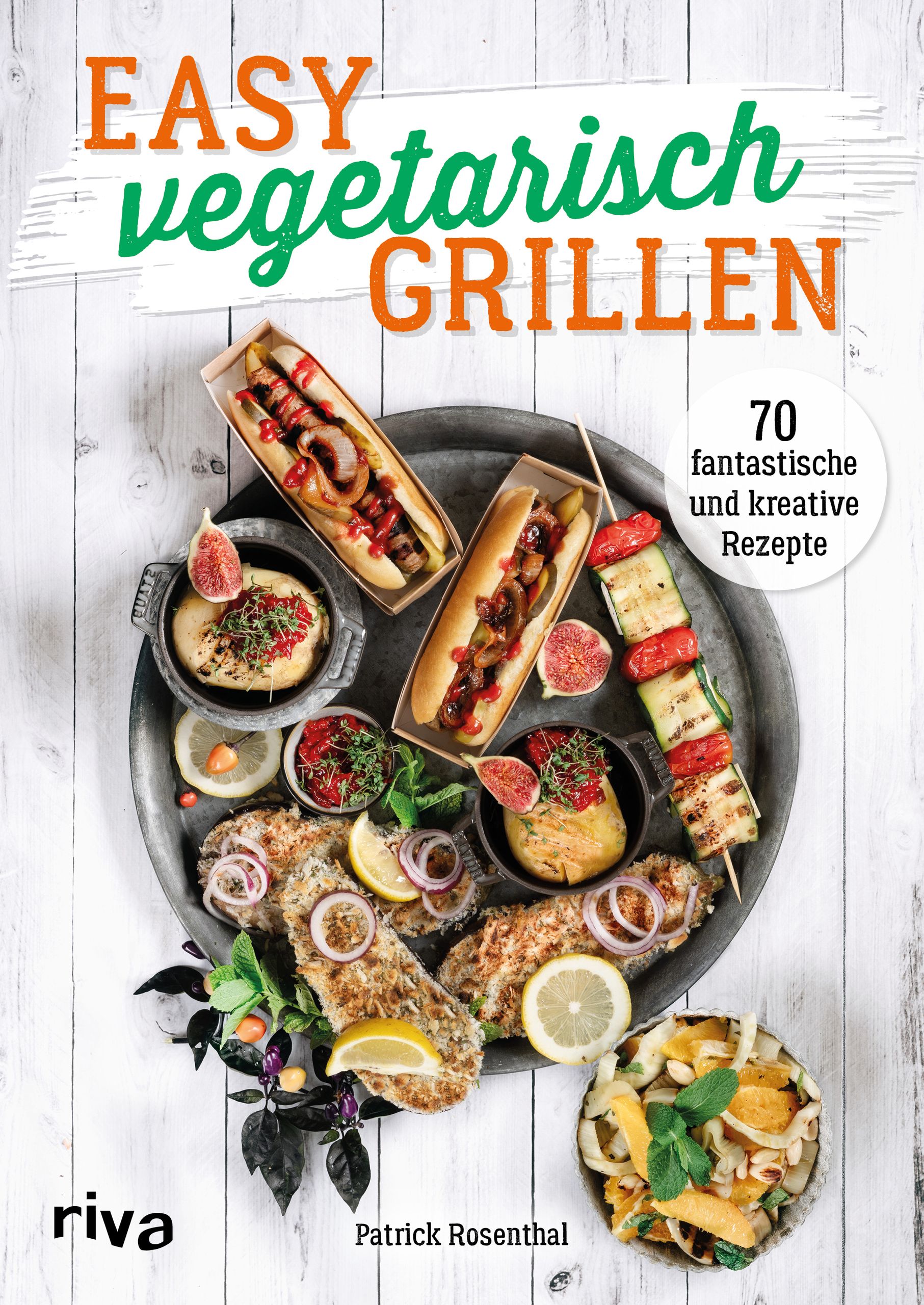 Buchcover mit dem Titel "Easy vegetarisch GRILLEN". Auf einem Tablett sind gegrillte vegetarische Gerichte abgebildet.