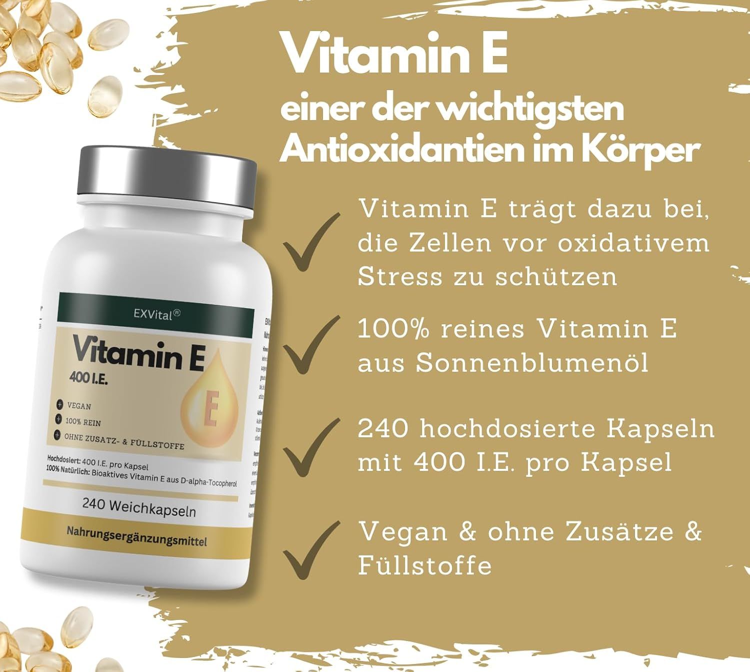 EXVital® Vitamin E Softkapseln, hochdosiert 400 I.E., reines D-Alpha-Tocopherol