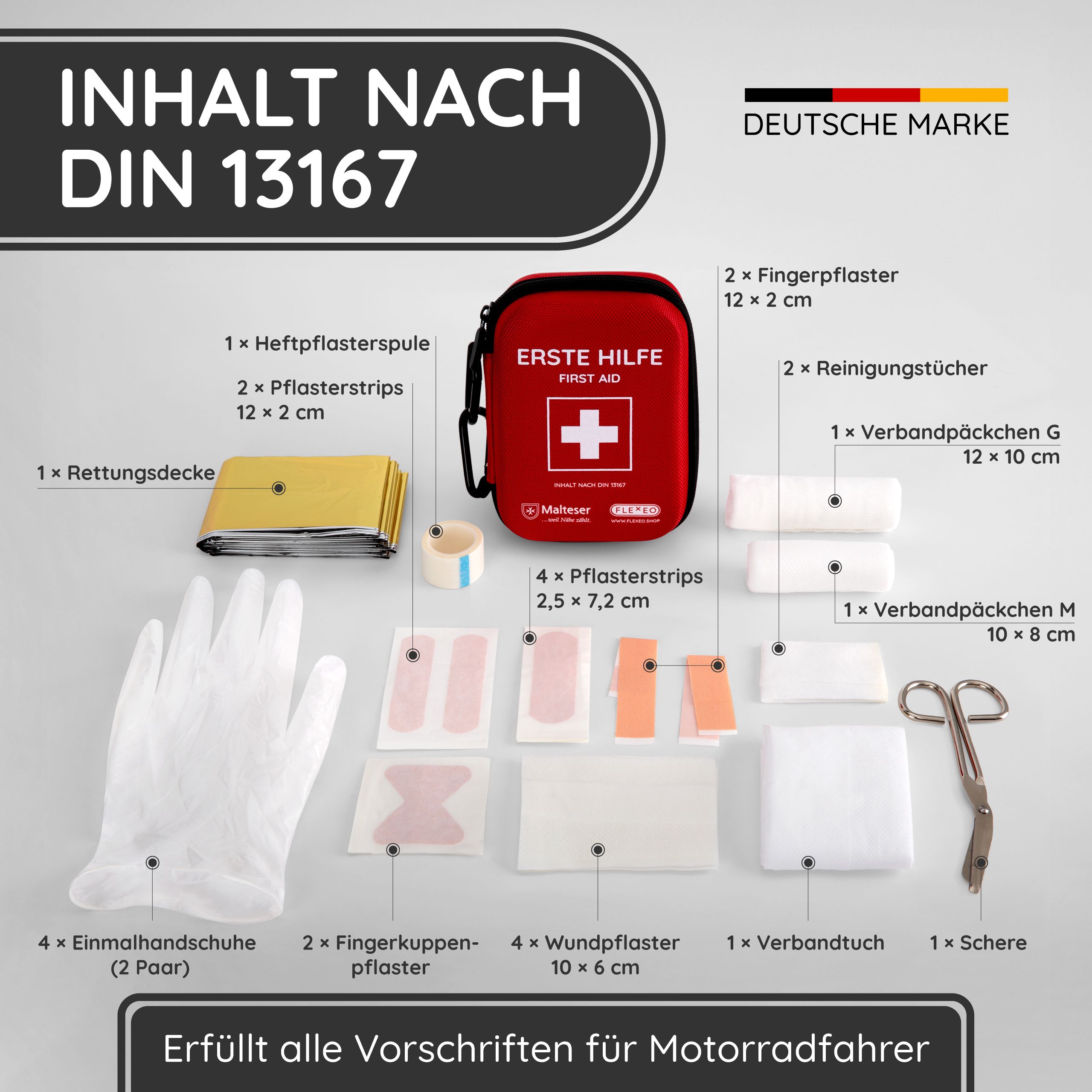 Geöffnete Erste-Hilfe-Tasche mit Verbandsmaterial. Inhalt nach DIN 13167. Enthält Pflaster, Verbände, Handschuhe, Schere, etc.