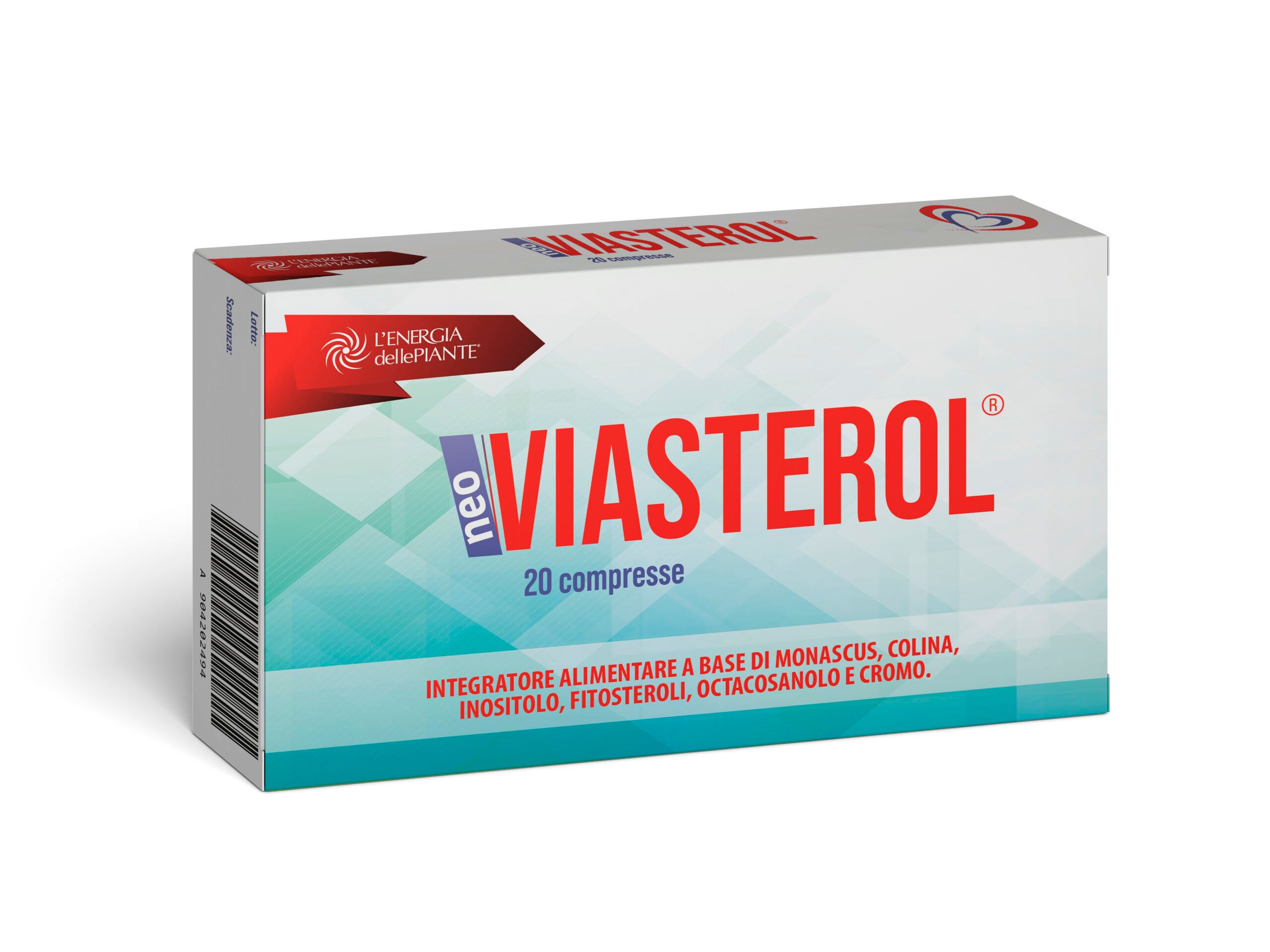 Karton von Neo Viasterol. Enthält 20 Tabletten. Aufschrift: Integratore alimentare a base di... (Nahrungsergänzungsmittel).