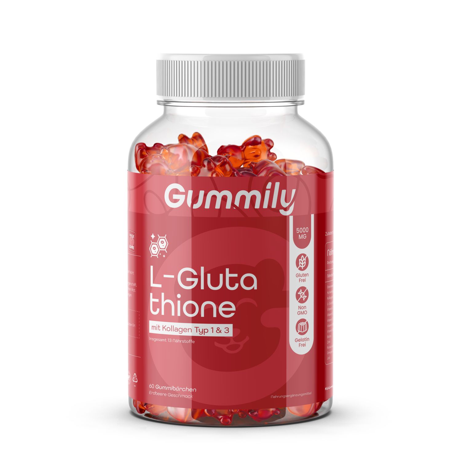 Gummily L-Glutathion Gummibärchen in einer transparenten Flasche. Rote Gummibärchen sichtbar. Aufschrift: L-Glutathion, 5000 mg.