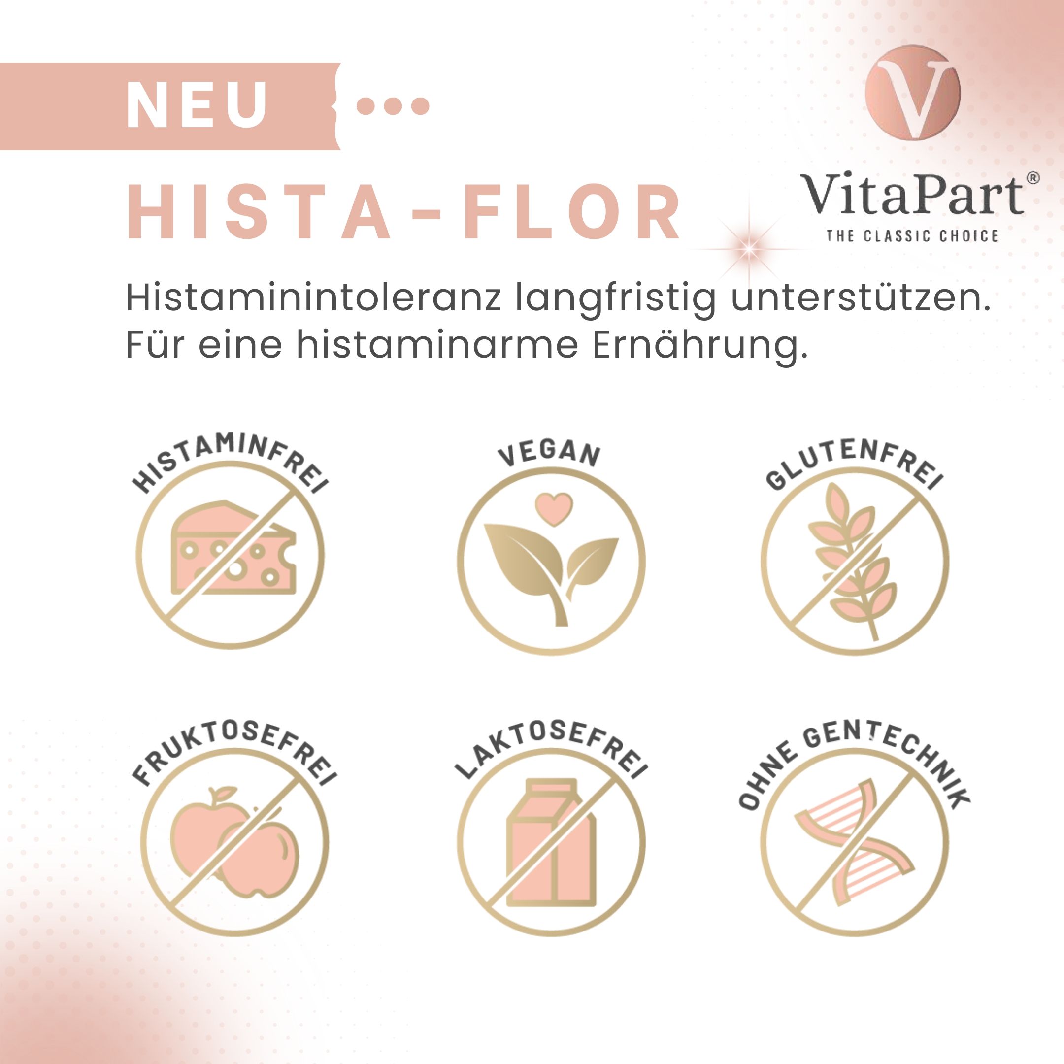 Infografik: VitaPart Hista-Flor. Histaminintoleranz langfristig unterstützen. Vegan, glutenfrei, fruktosefrei, laktosefrei, ohne Gentechnik.