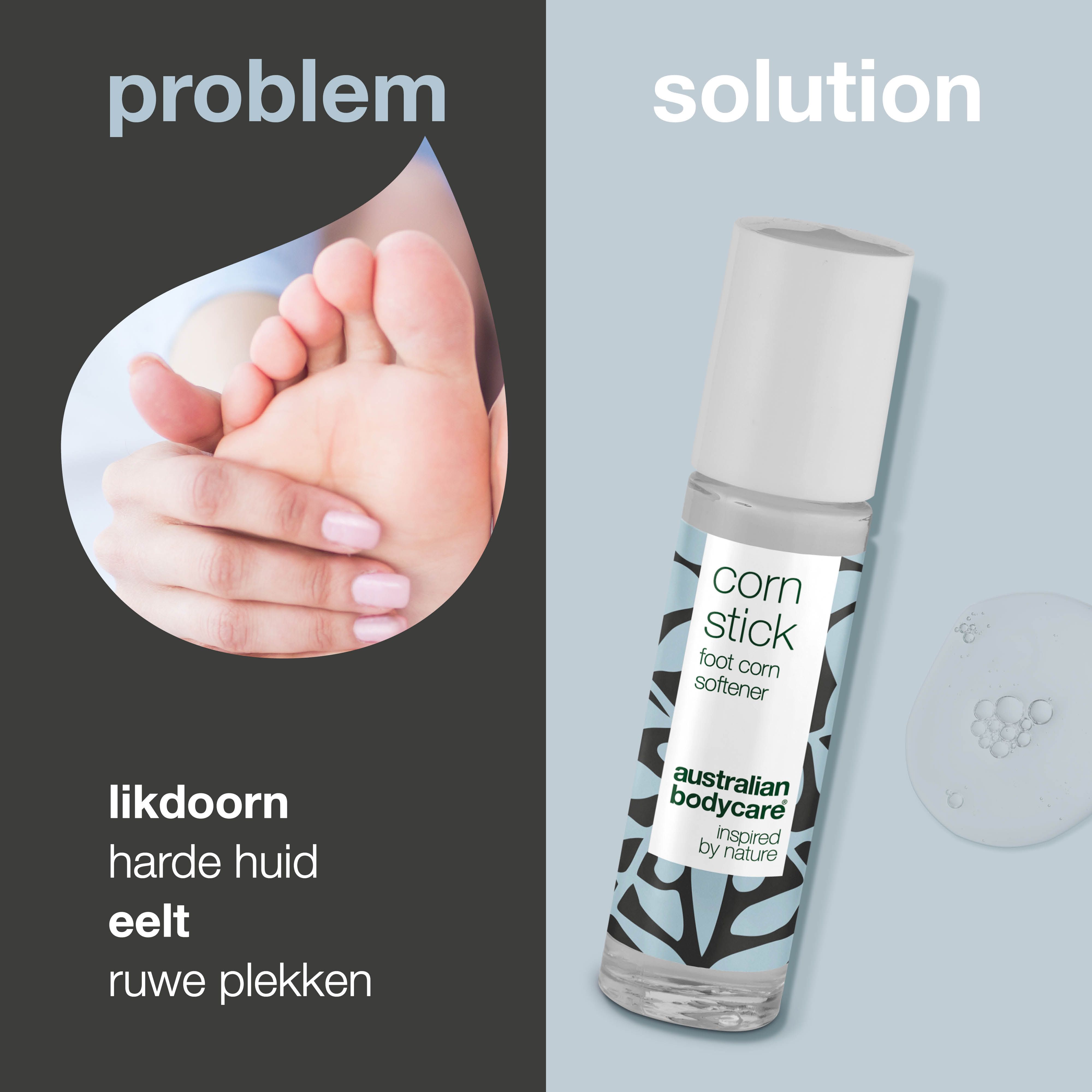 Roll-on fles met witte dop. Opschrift: corn stick, foot corn softener, australian bodycare.