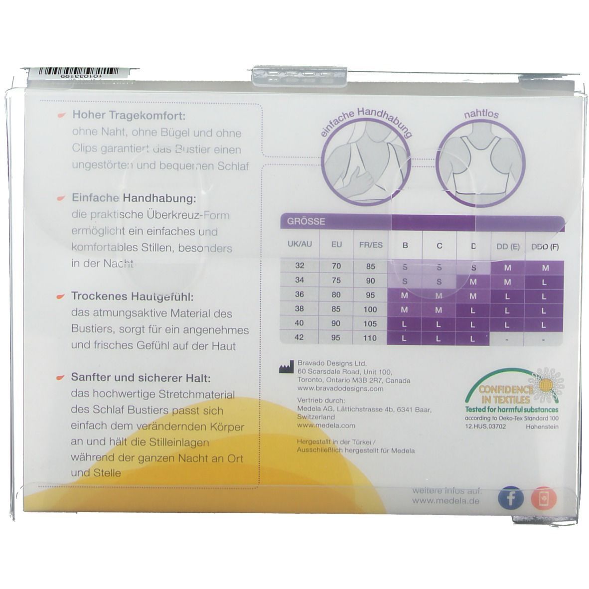 Rückseite der Verpackung mit Größenangaben und Produktinformationen. Text: Hoher Tragekomfort, einfache Handhabung, nahtlos.