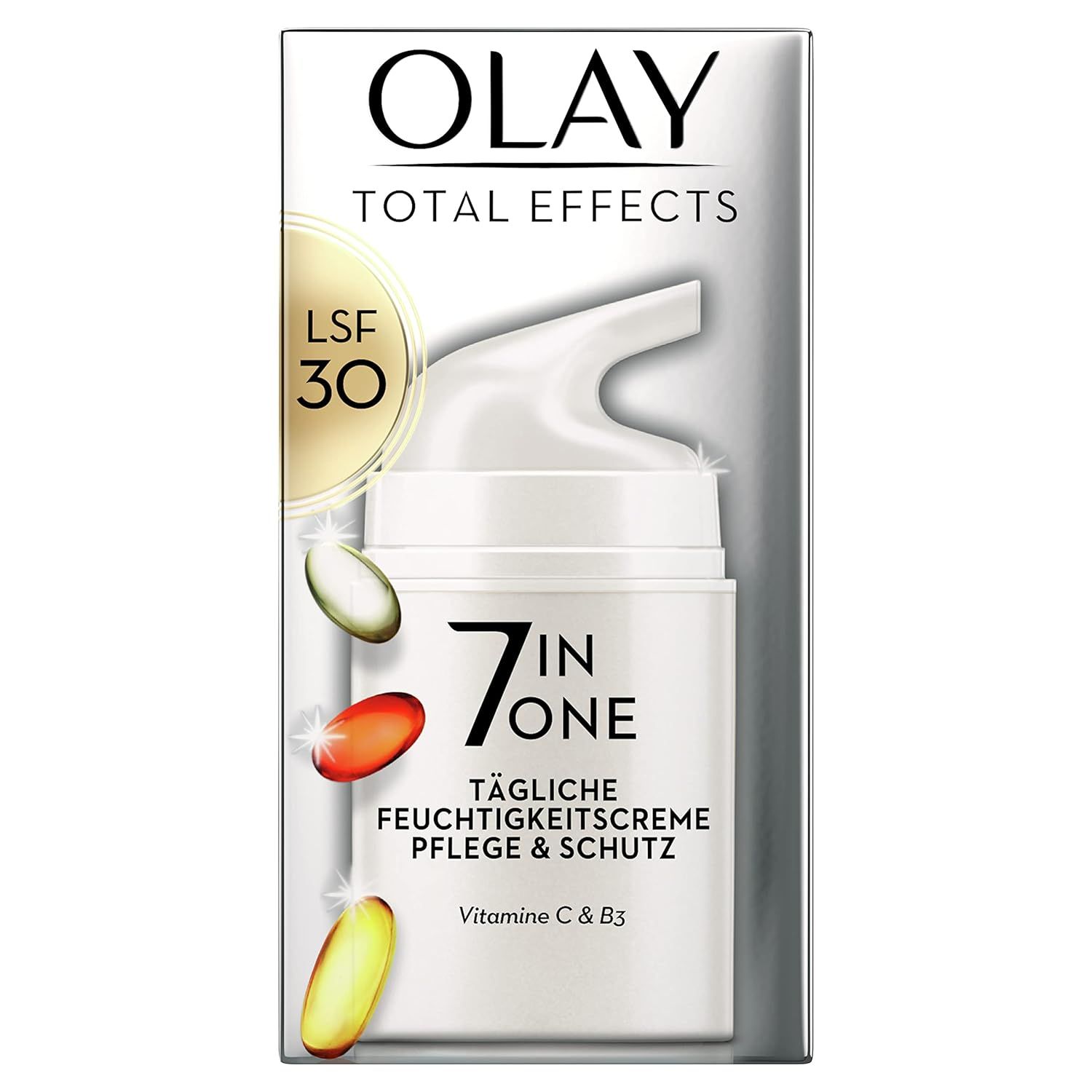 Olay Total Effects 7-in-1 Tagescreme in Verpackung. Text: LSF 30, 7 in 1, Tägliche Feuchtigkeitspflege, Pflege & Schutz, Vitamin C & B3.