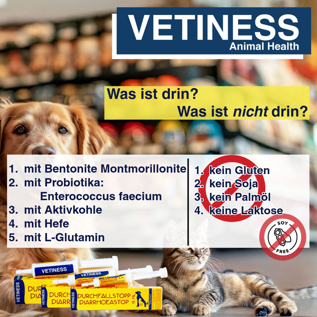 Produktverpackung mit Text: Vetiness, Durchfallstopp, Katze und Hund. Text: Was ist drin? Was ist nicht drin? Symbole.