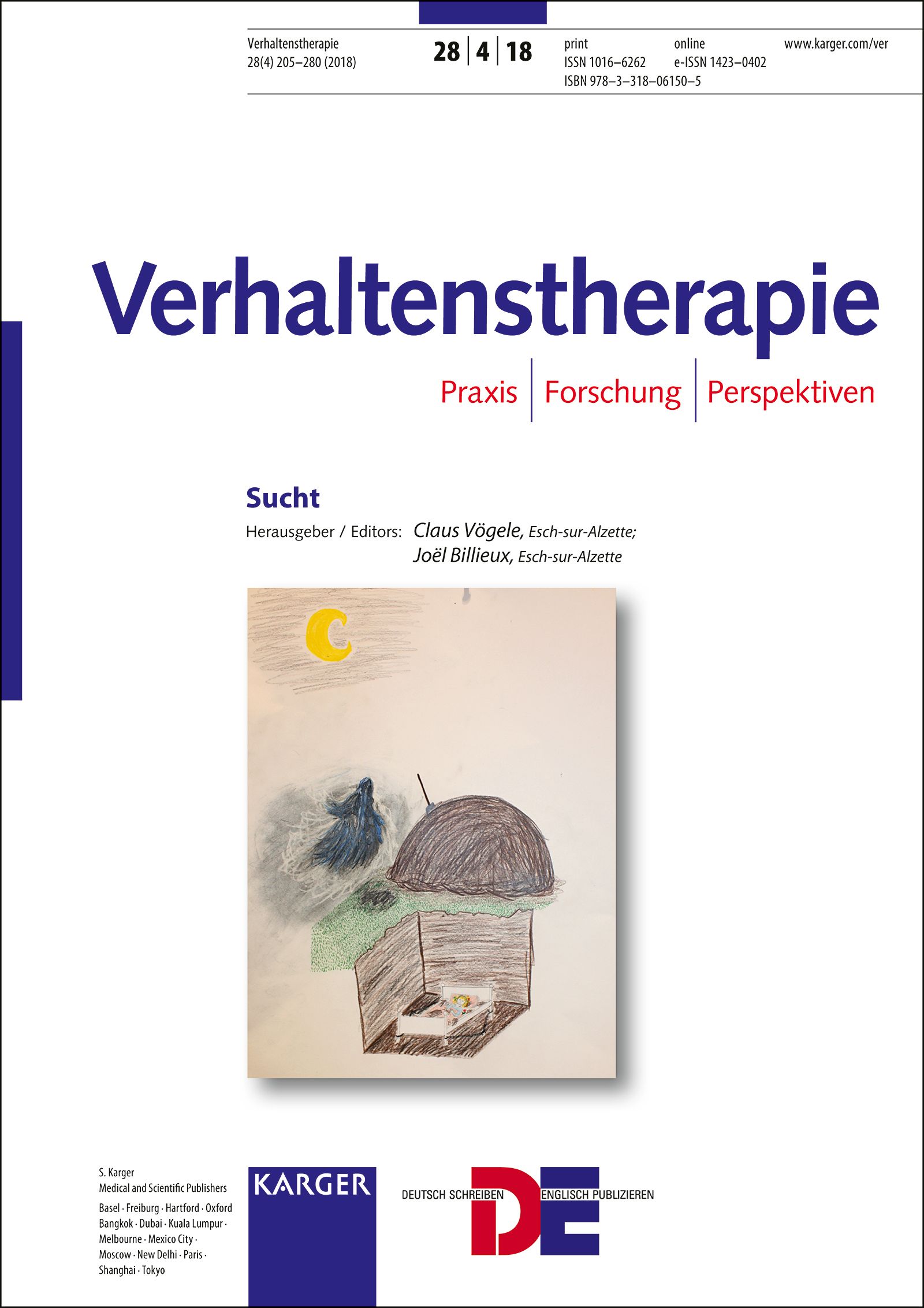 Zeitschrift "Verhaltenstherapie" mit dem Titel "Sucht". Illustration einer Szene mit Mond und Haus.
