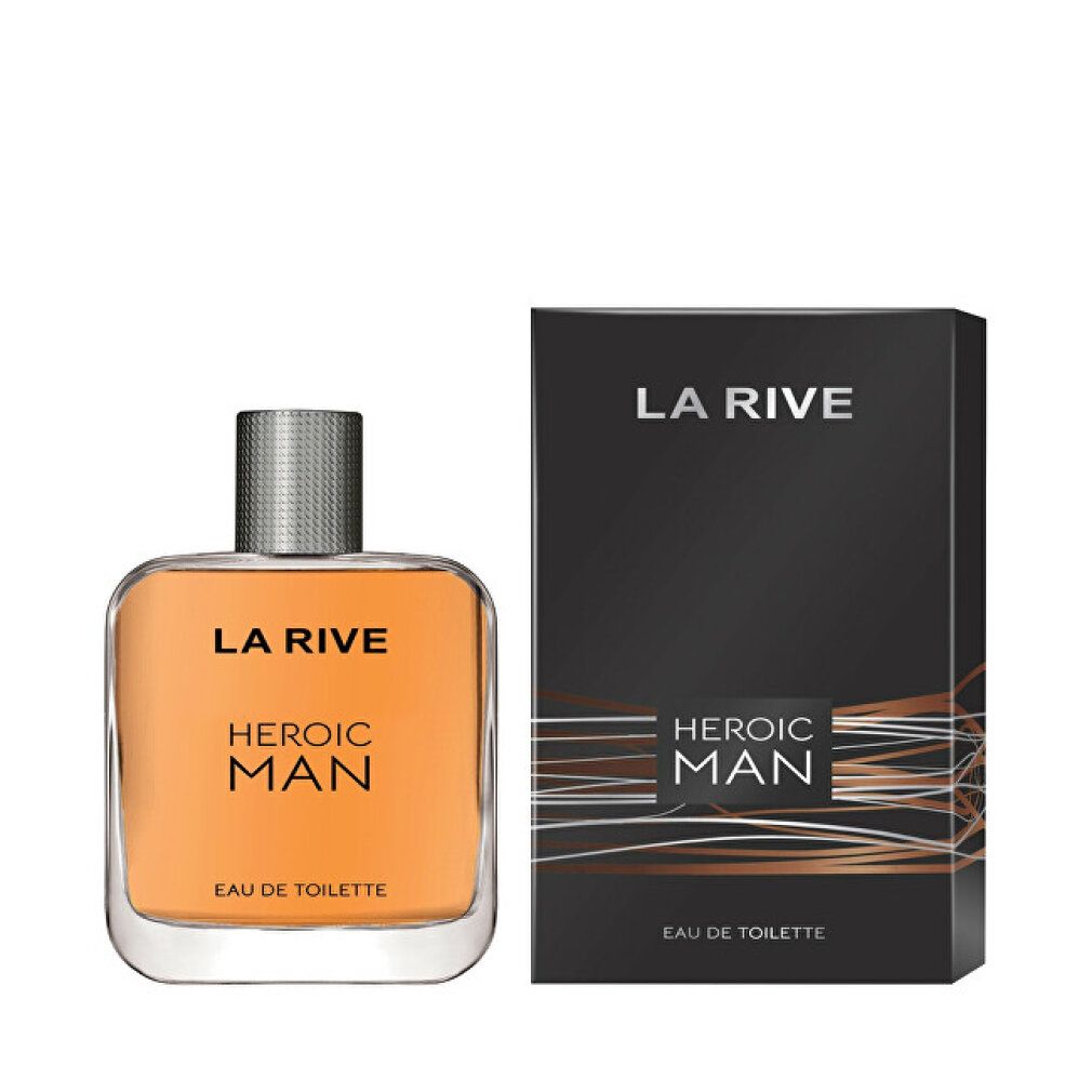 Flakon und Verpackung von La Rive Heroic Man Eau de Toilette. Rechteckiger Flakon, silberner Verschluss, schwarze Verpackung.