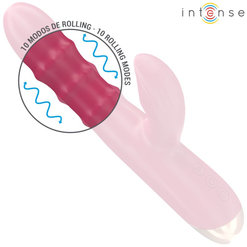 Rosa Vibrator mit hervorgehobener Textur. 10 Rolling-Modi. Marke: Intense. Auf dem Produkt sind Knöpfe zu sehen.