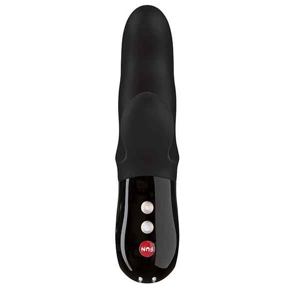 Schwarzer Vibrator mit abgerundeter Form. Hat einen glänzenden, schwarzen Griff mit zwei Knöpfen und einem roten Knopf.
