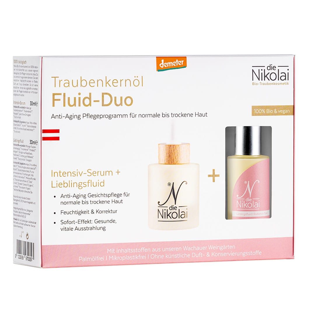 Traubenkernöl Fluid-Duo: Intensiv-Serum und Lieblingsfluid für normale bis trockene Haut. Demeter & Bio-zertifiziert.