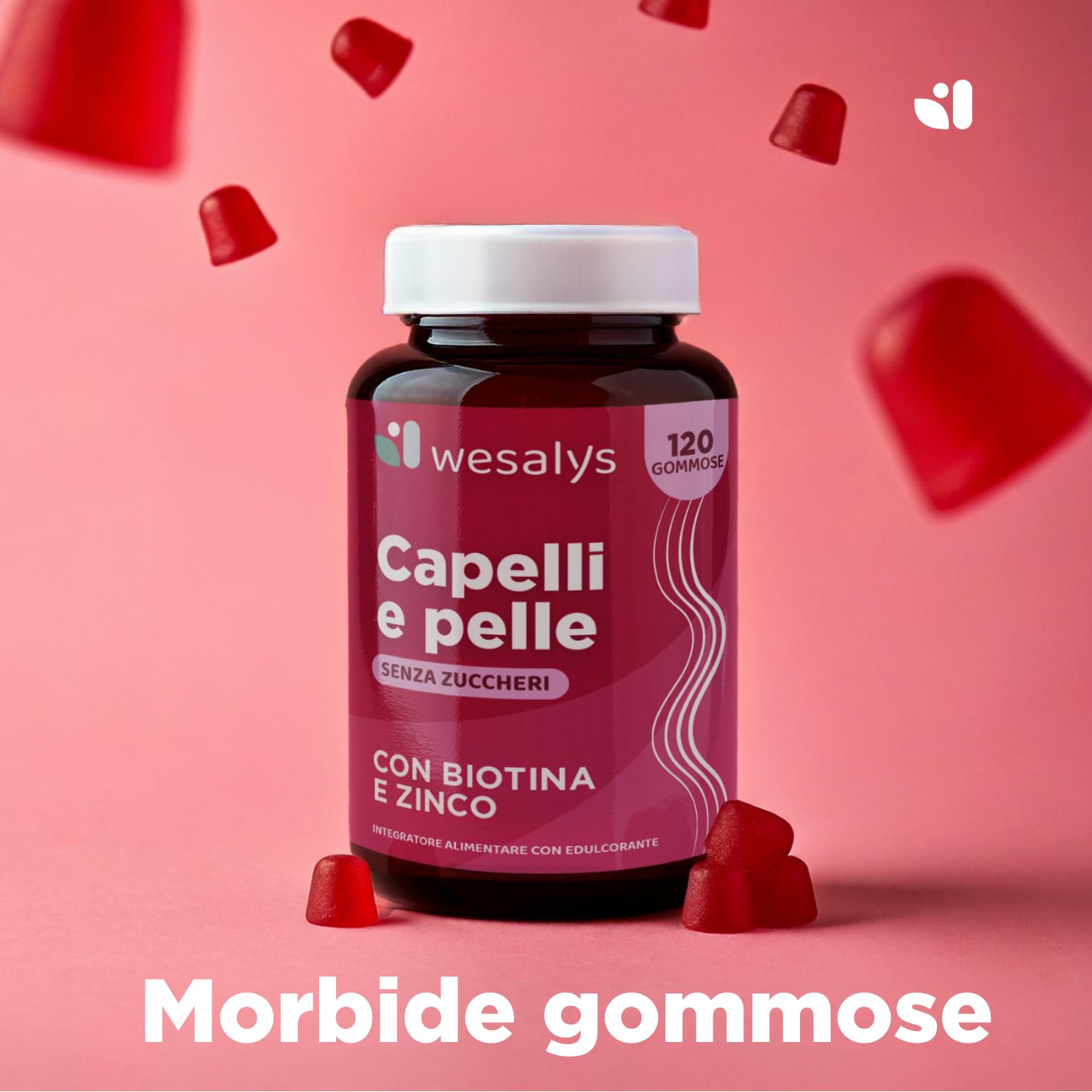Flasche WESALYS® Integratore Capelli e Pelle mit Gummibärchen. Aufschrift: Capelli e pelle, senza zuccheri, con biotina e zinco. 120 Gommose.