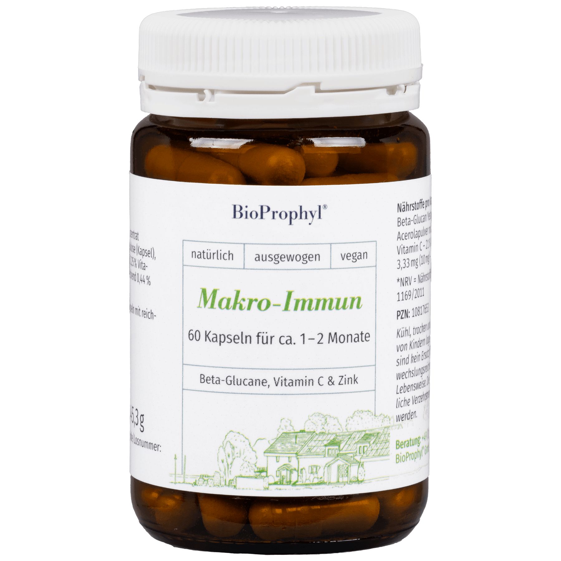 Braune Kapseln in einer braunen Glasflasche mit weißem Deckel. Aufschrift: BioProphyl Makro-Immun, 60 Kapseln, Beta-Glucane, Vitamin C & Zink.