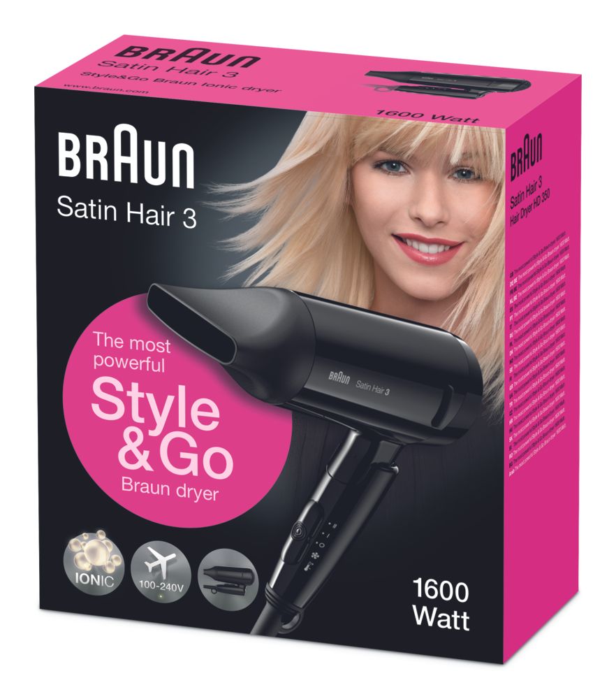 Verpackung des Haartrockners. Auf der Verpackung sind der Markenname Braun, Satin Hair 3 und das Produktbild abgebildet.