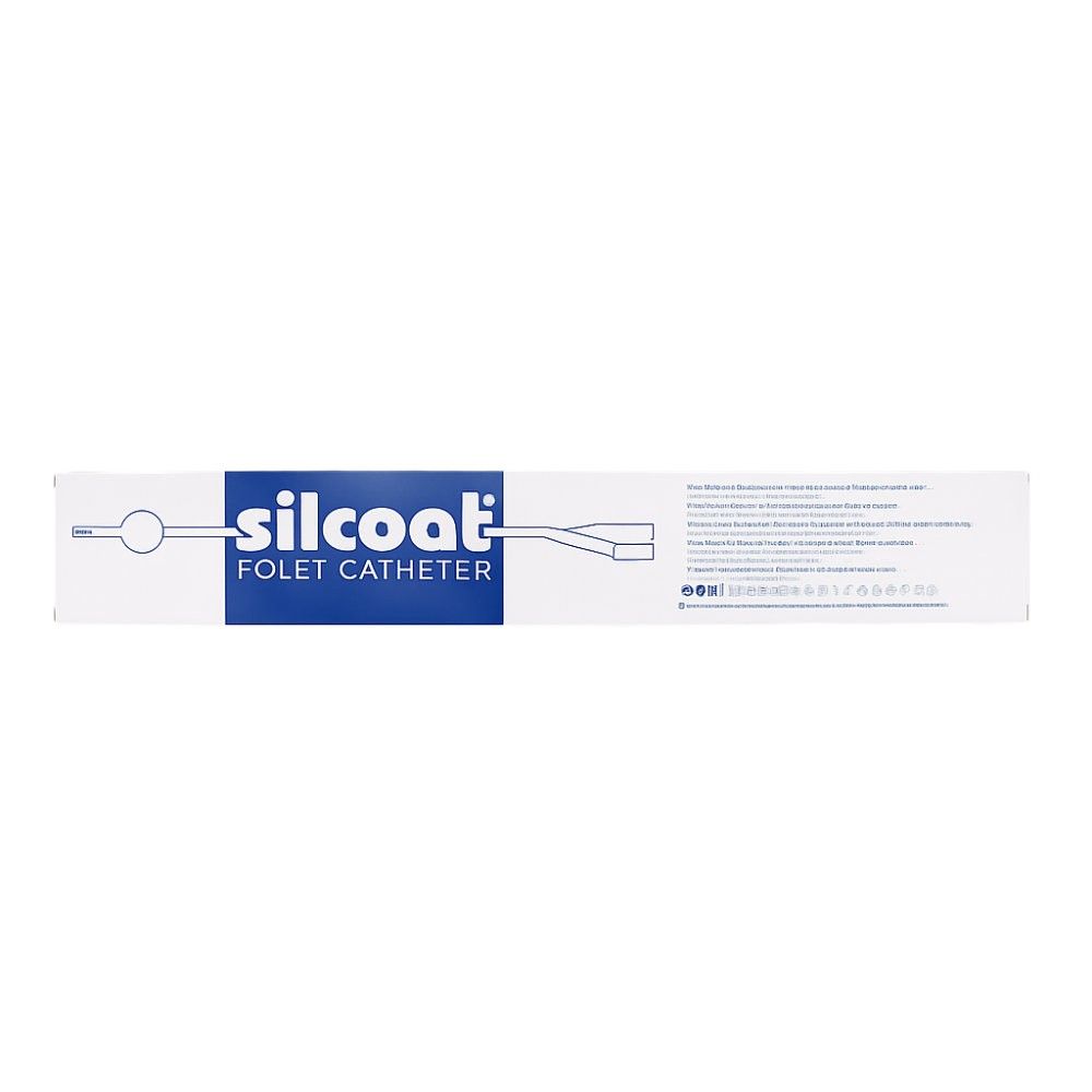 Verpackung mit Produktabbildung und Schriftzug 'silcoat FOLEY CATHETER'. Blaue und weiße Gestaltung. Text in mehreren Sprachen.