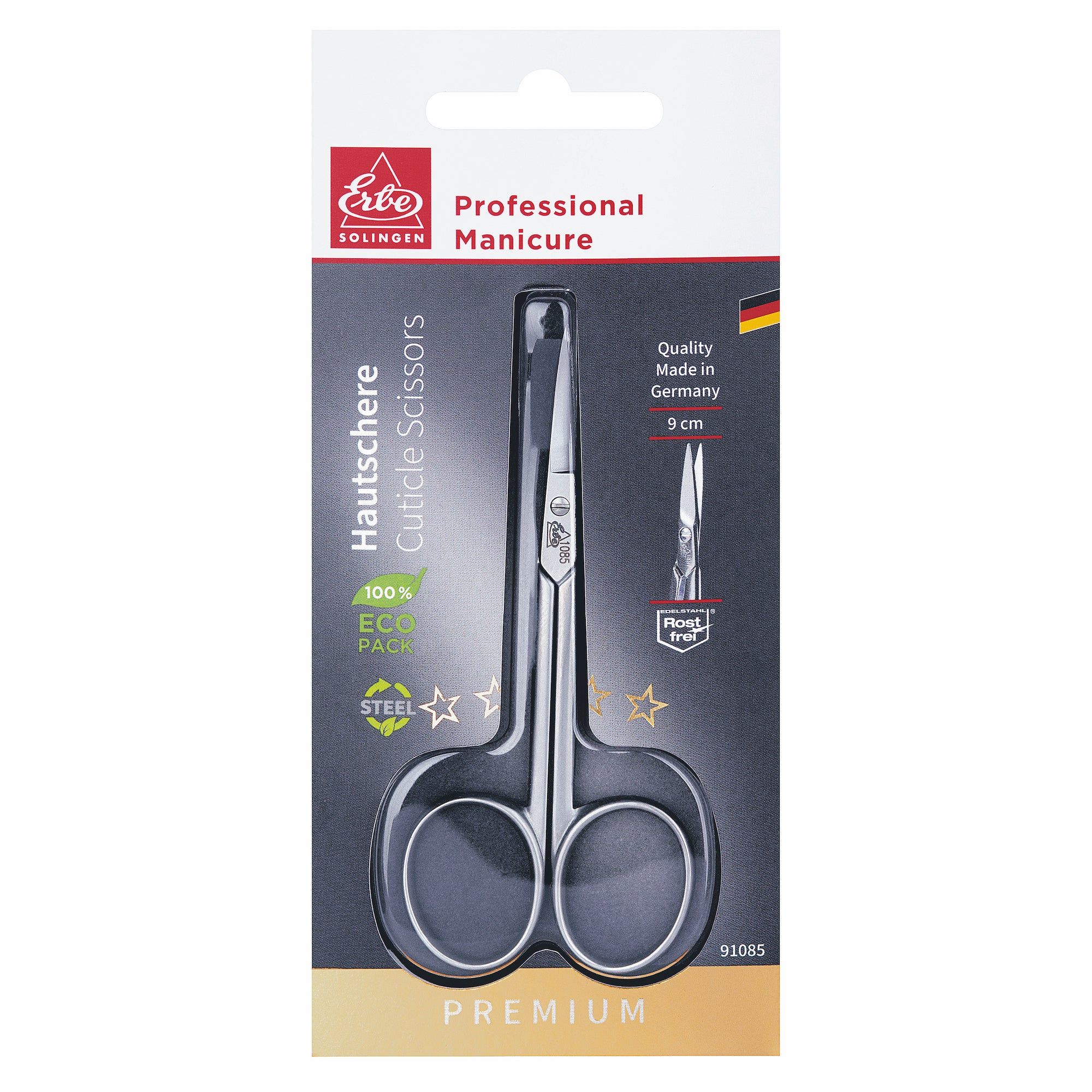 Cuticle scissors in packaging. Brand name and product name visible. Made in Germany. 9 cm.
