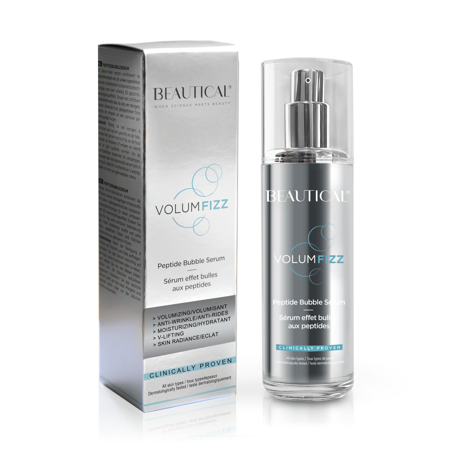 Beautical Volumfizz Peptidbubbleserum und Verpackung. Flasche und Schachtel mit Produktnamen und Details. Auf weißem Hintergrund.