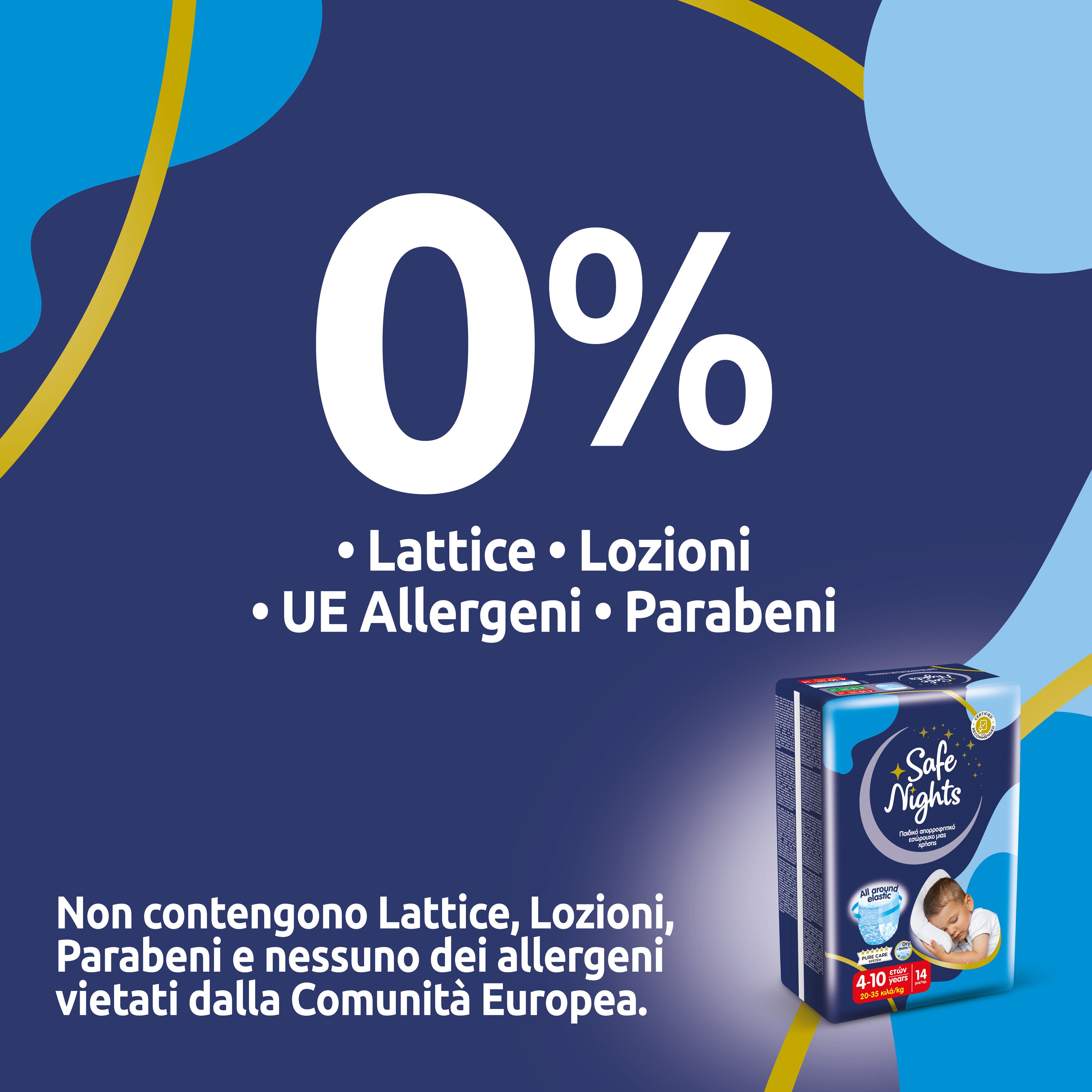 Windel ohne Latex, Lotionen, Allergene und Parabene. Packung mit Babylino Safe Nights Boys Pants.