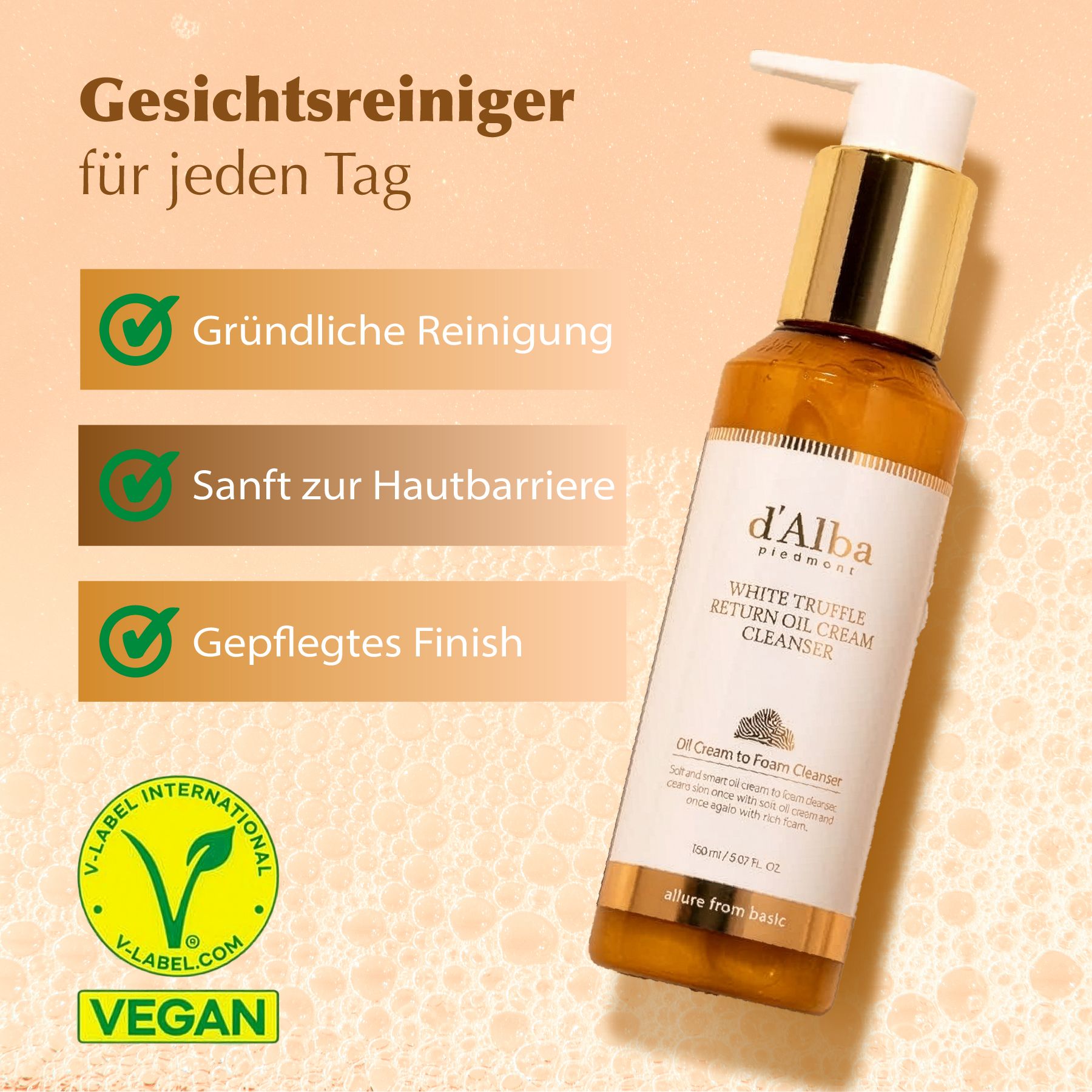 Produktflasche mit Spender. Aufschrift: d'Alba White Truffle Return Oil Cream Cleanser. Vegan-Siegel. Grüne Häkchen.