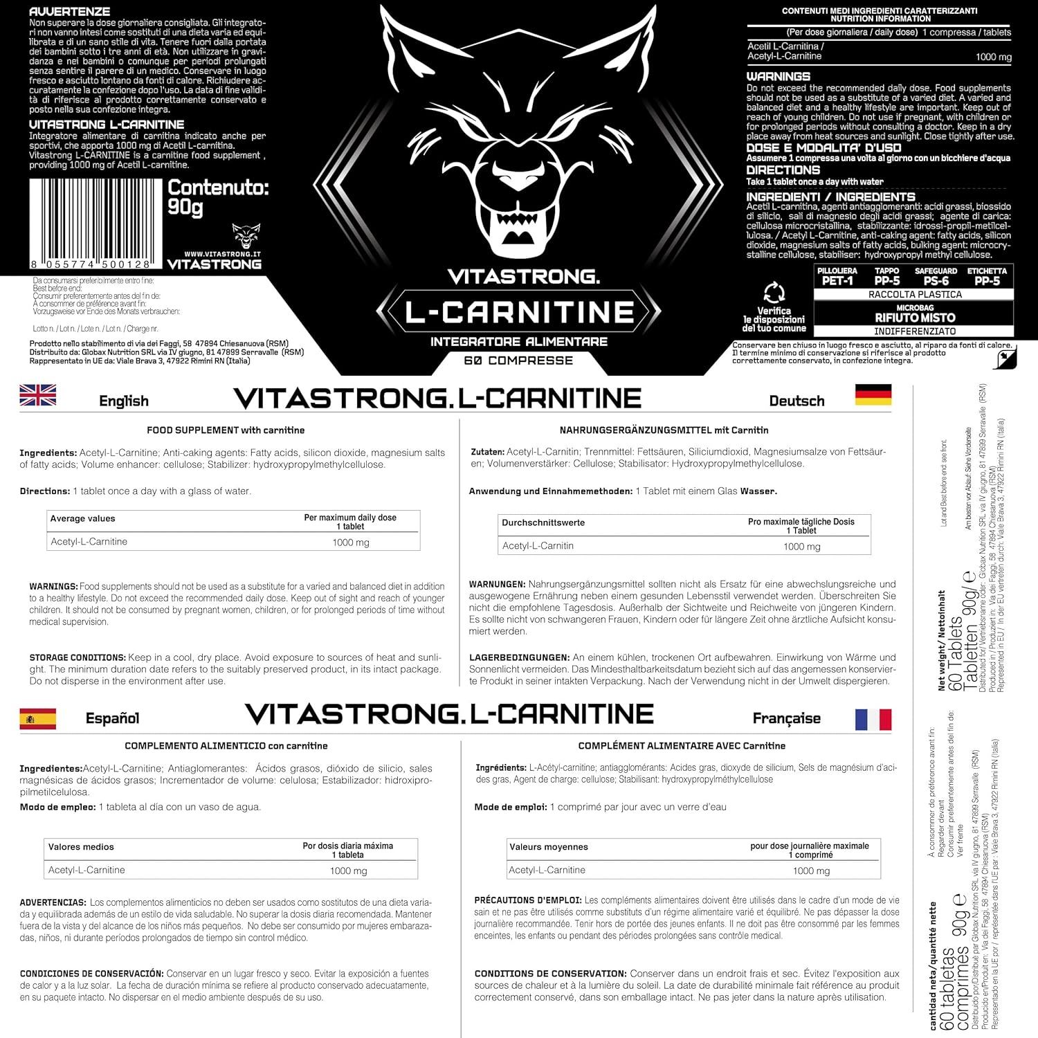 Vitastrong L-Carnitin, 60 Tabletten. Produktetikett mit Inhaltsstoffen und Warnhinweisen in mehreren Sprachen.