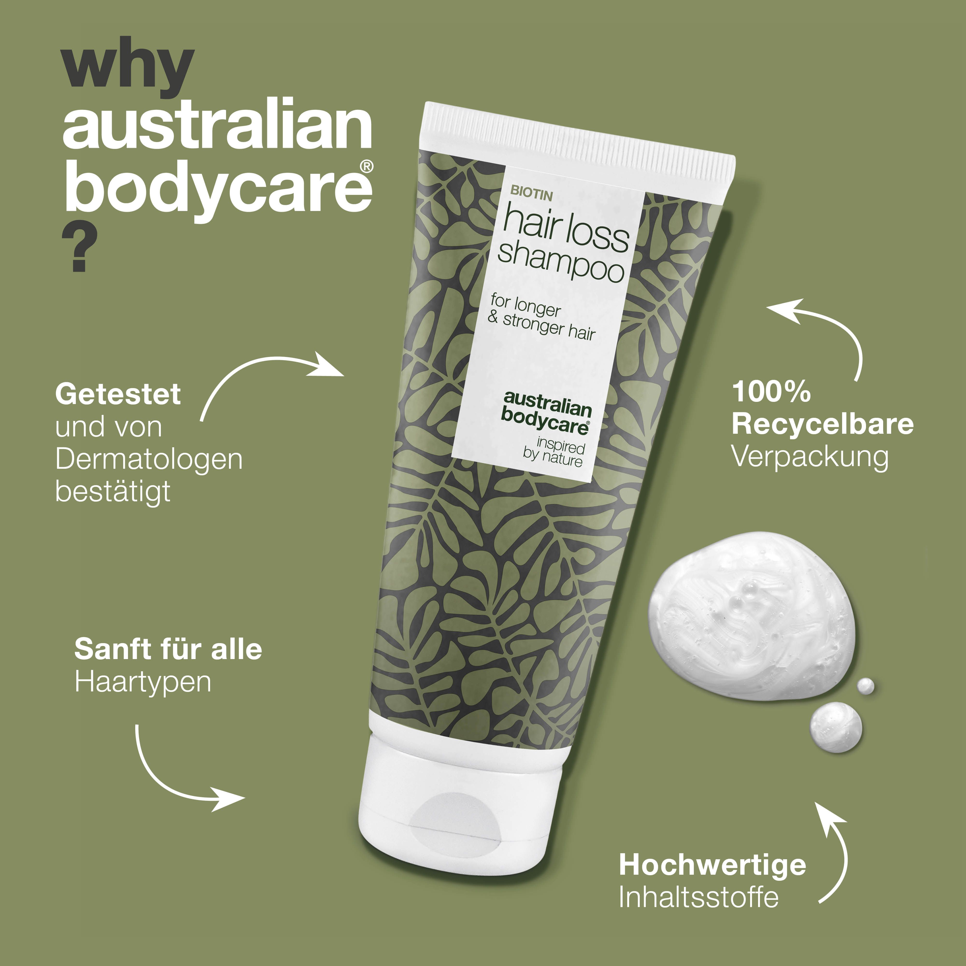 Biotin Hair Loss Shampoo. Tube mit Blattmuster. Text: Getestet, 100% recycelbar, hochwertige Inhaltsstoffe.