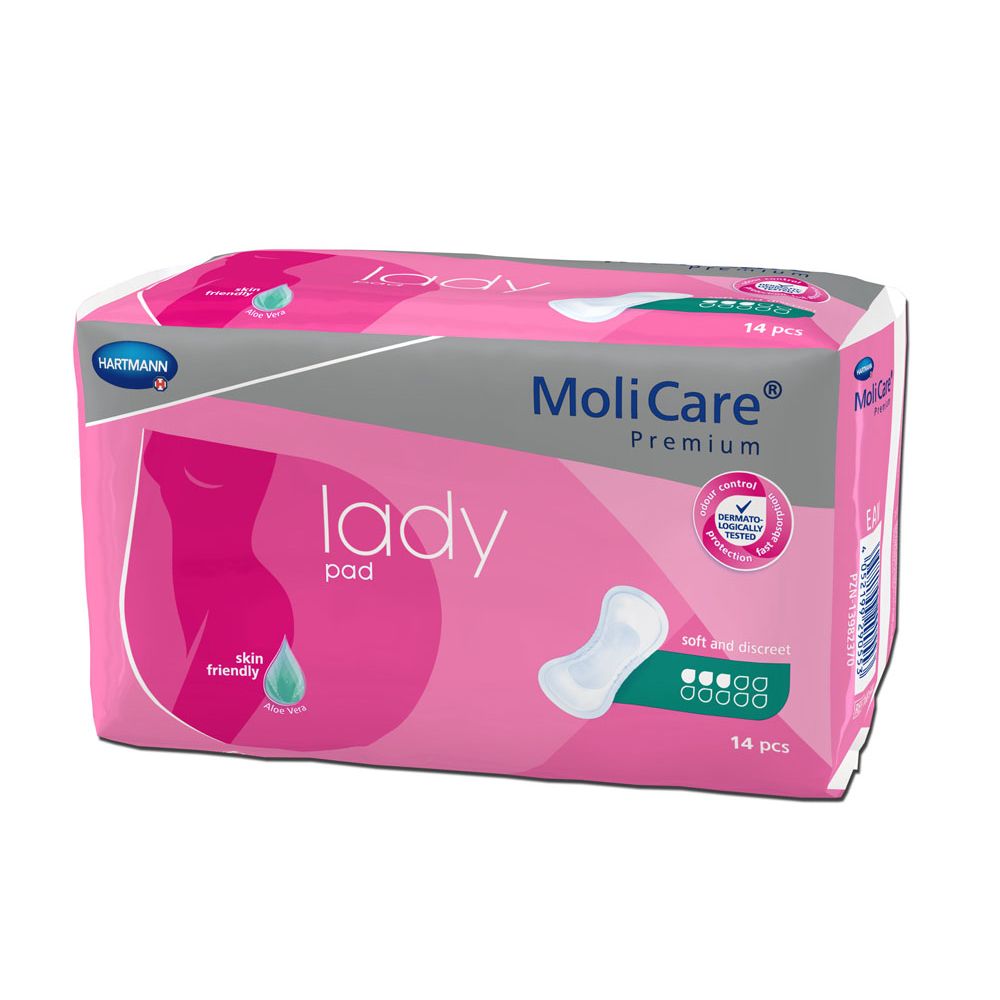 Verpackung MoliCare Premium lady pad. Rosa-weiß. 14 Stück. Hartmann Logo. Aufdruck: lady pad, skin friendly, Aloe Vera.