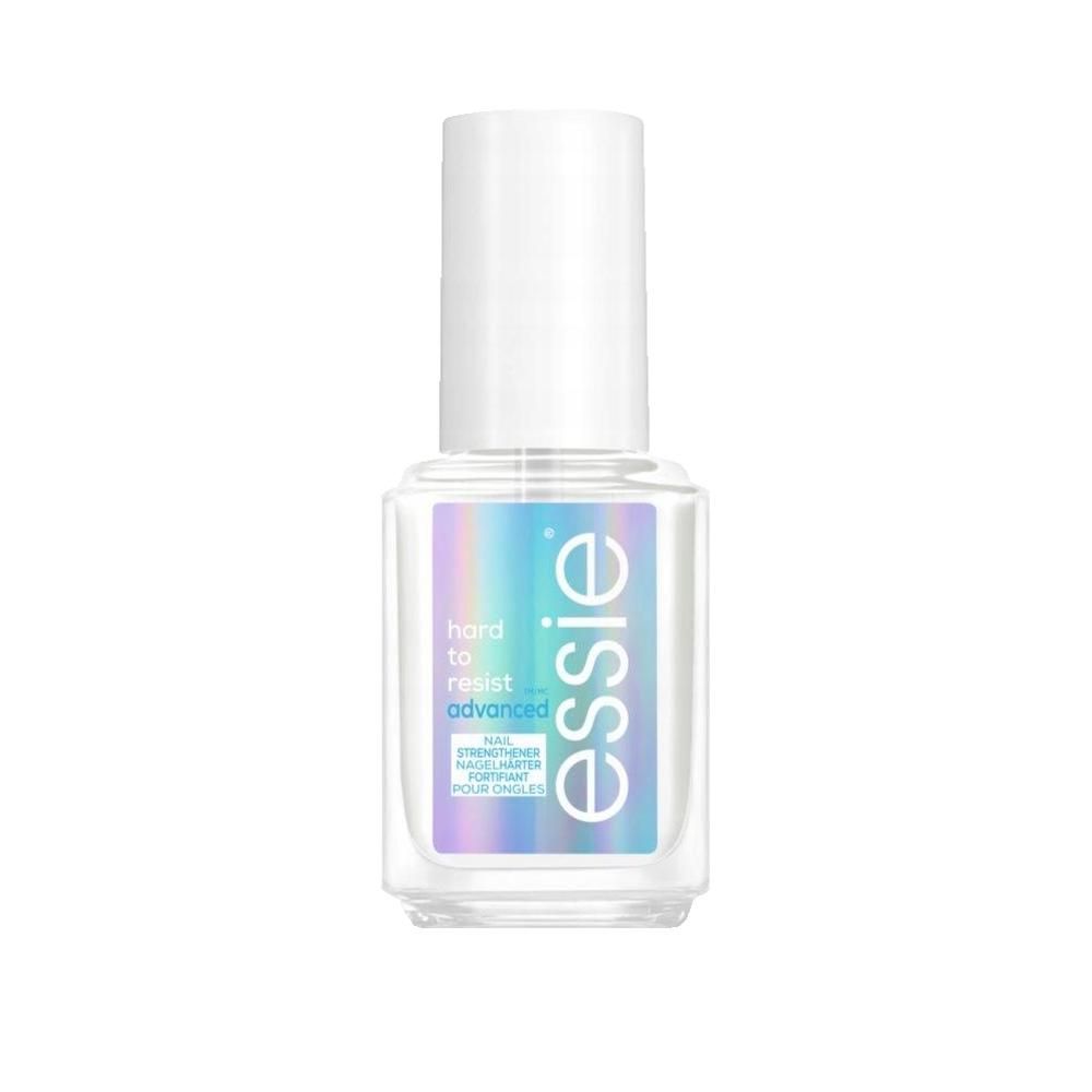 Essie Hard to Resist Advanced Nagelverstärker. Klare Flasche mit weißem Deckel. Produktname und Marke auf dem Etikett.
