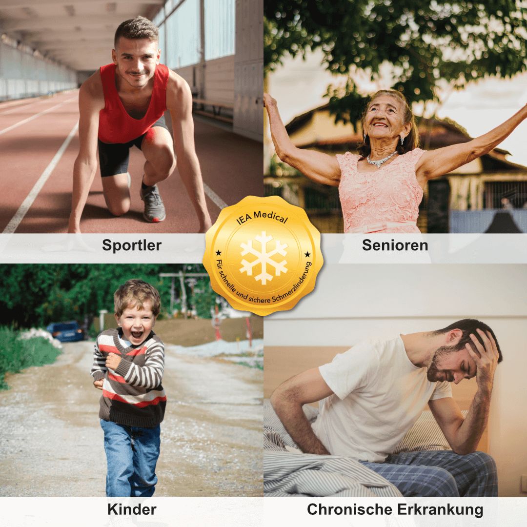 Vier Bilder: Sportler, Senioren, Kinder, chronische Erkrankung. Goldener Aufkleber mit IEA Medical und Schneeflocke. Text: Für schnelle Schmerzlinderung.