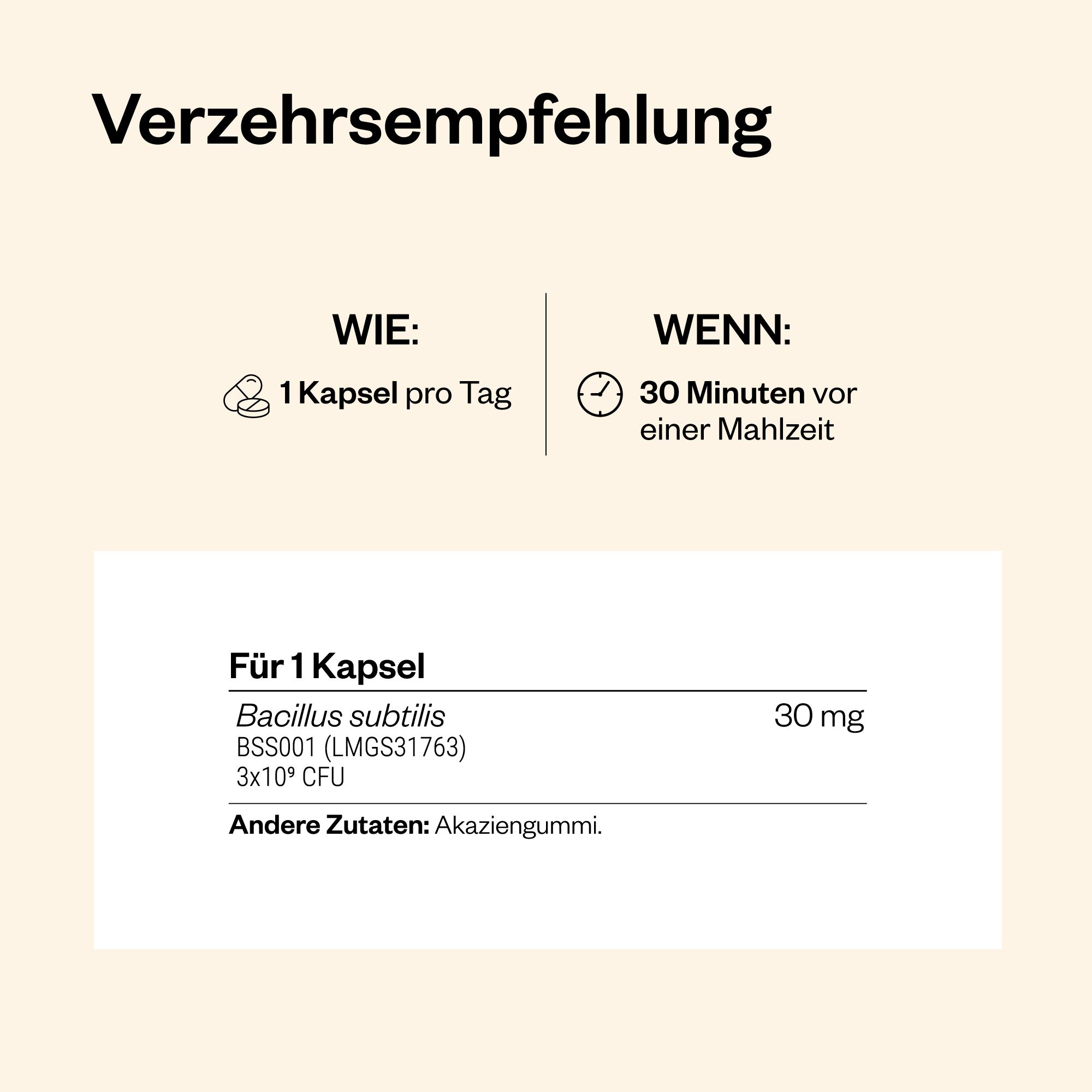 Infografik mit Dosierungsempfehlung für Bacillus subtilis. 1 Kapsel pro Tag, 30 Minuten vor der Mahlzeit. Inhaltsstoffe.
