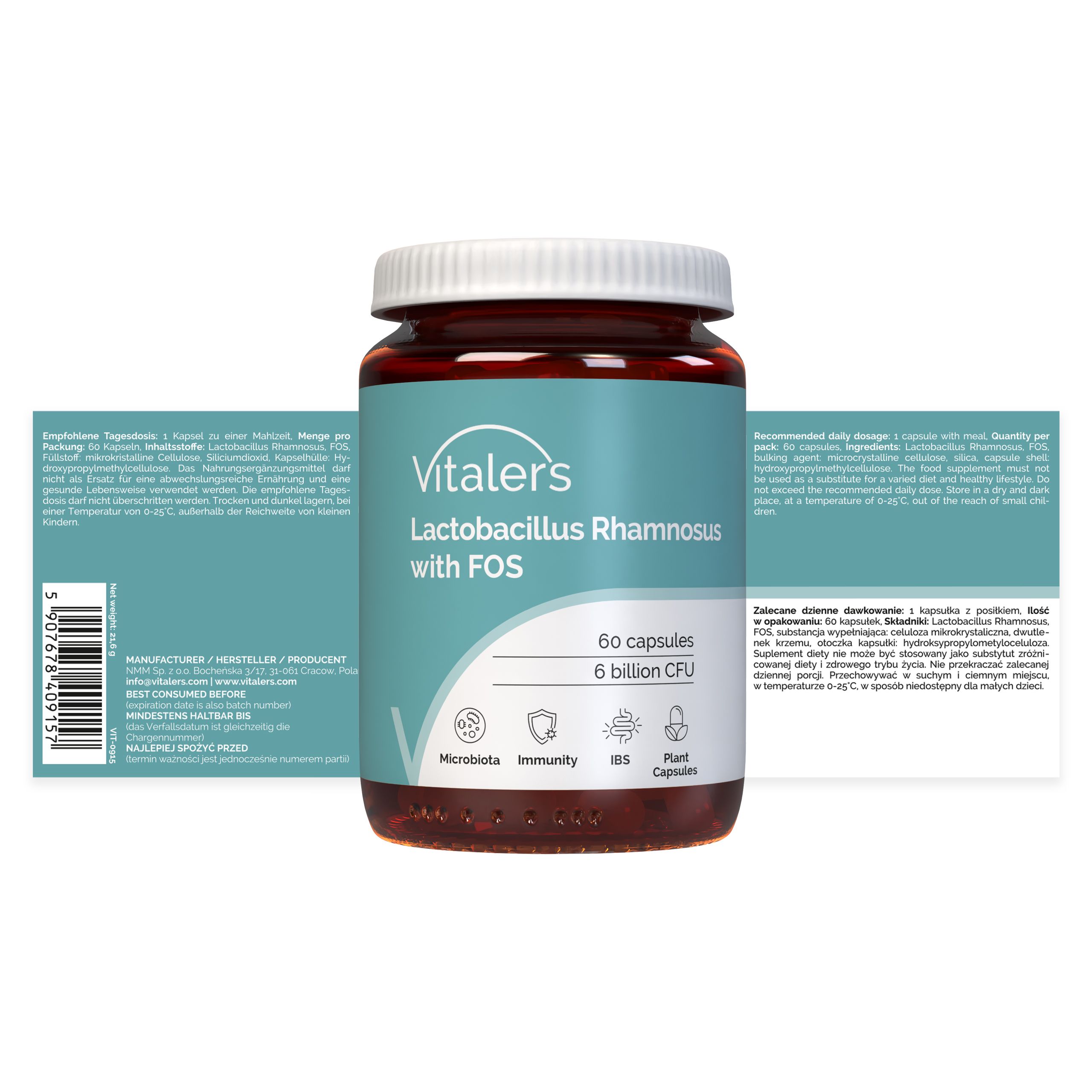Vitaler's Lactobacillus Rhamnosus mit FOS: Flasche und geöffnete Kartonverpackung.
